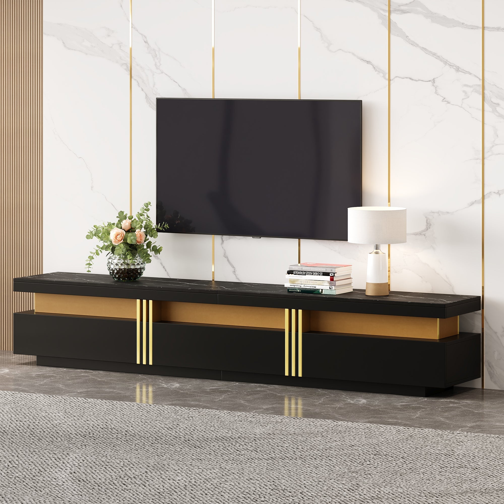 Lowboard TV Cabinet, Modern Marble Look with 3 Drawers, for up to 90-inch TVs