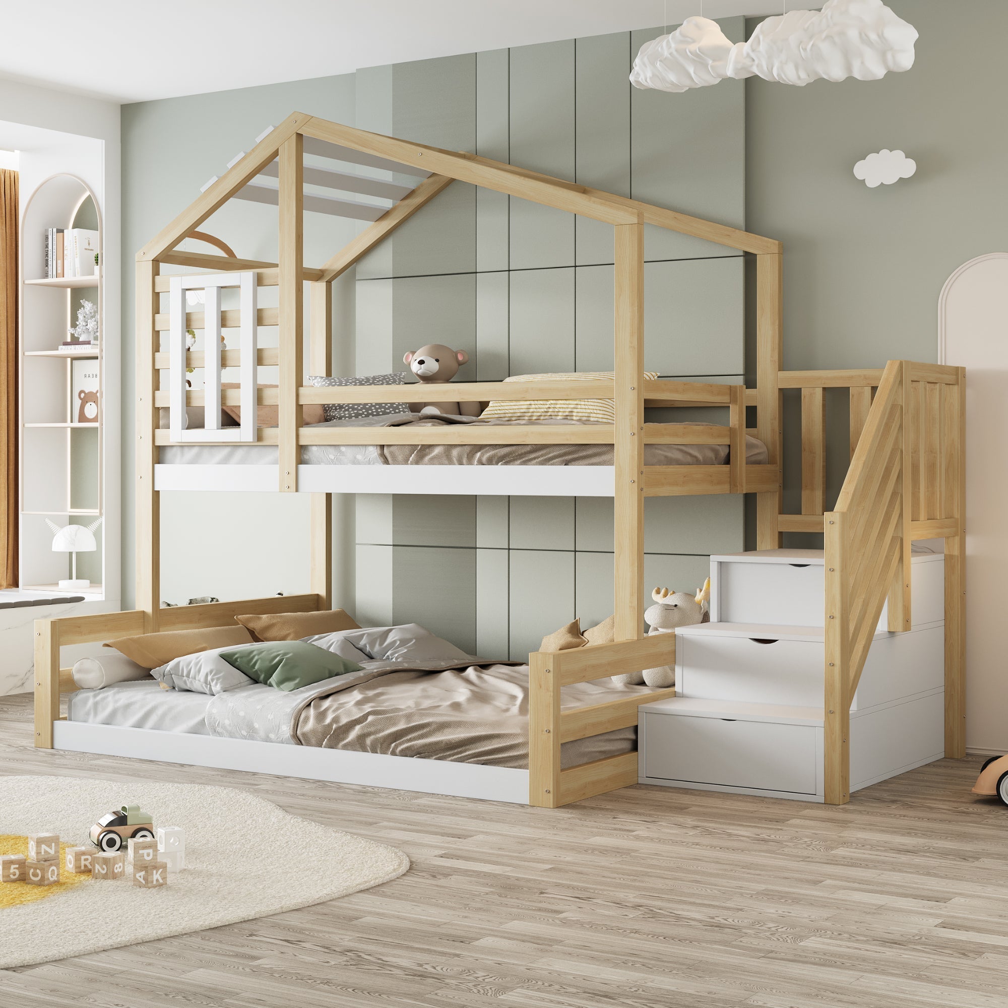 Bunk Bed 90x200cm with Window Railing Storage Steps Natural Pine Wood