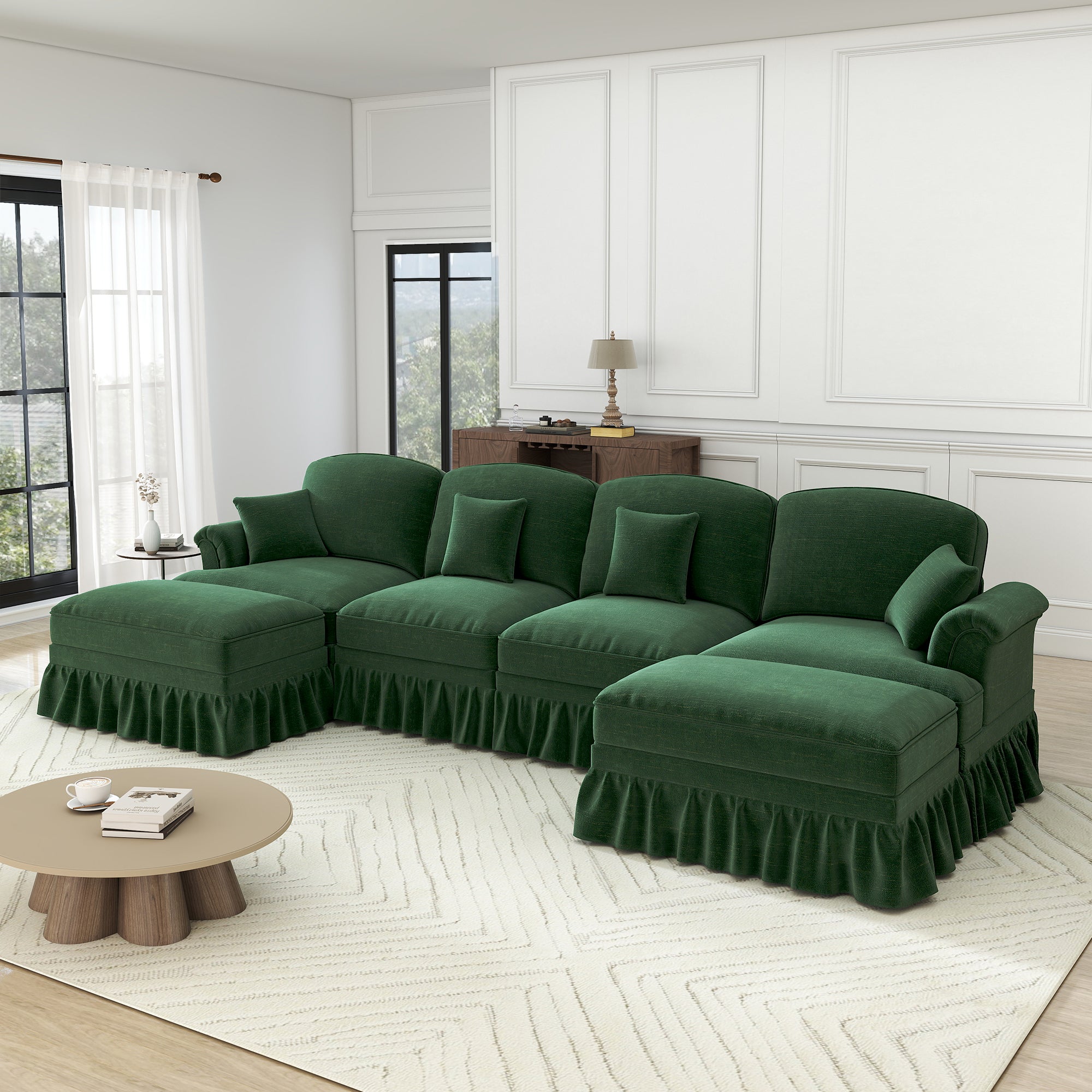 U-shaped Modular Sofa 4-Seater Movable Ottoman - Chenille Green