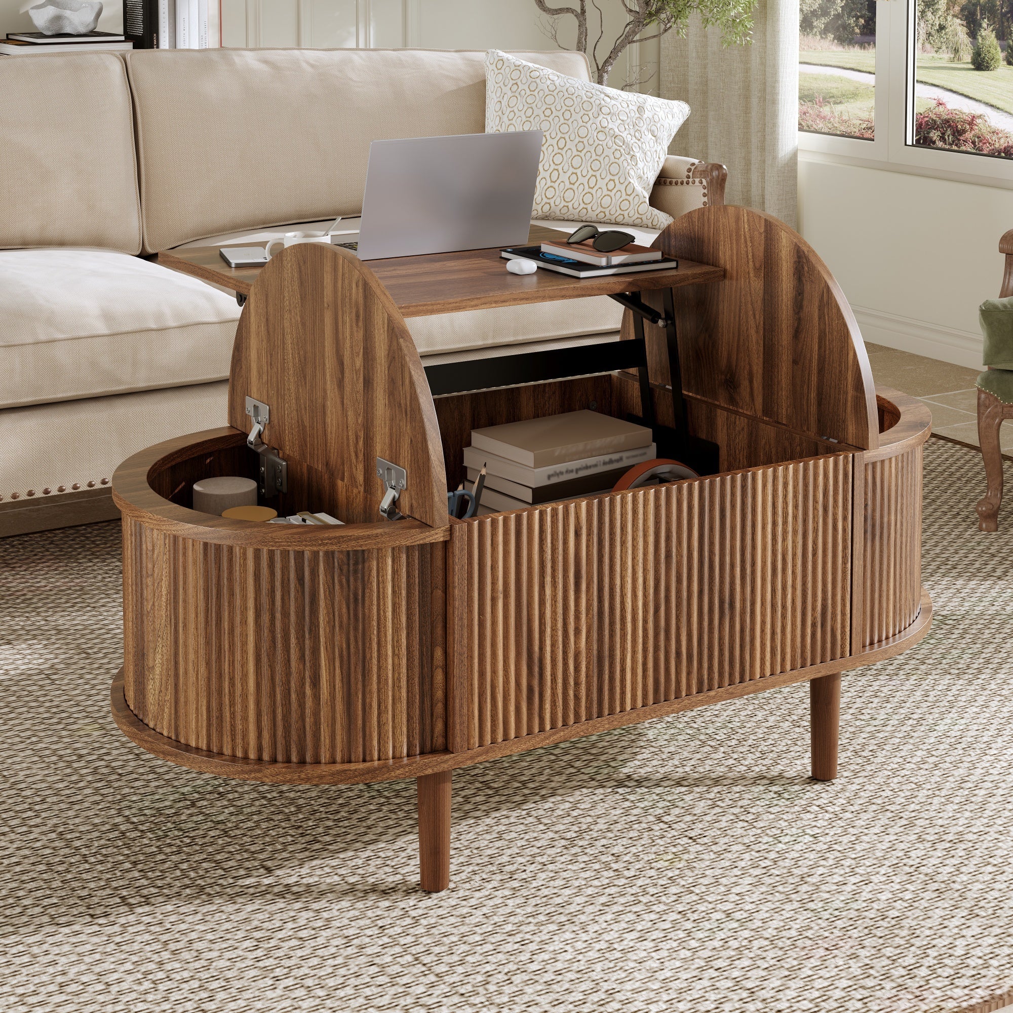 Oval Coffee Table with Adjustable Storage and Vintage Style, Solid Wood Legs