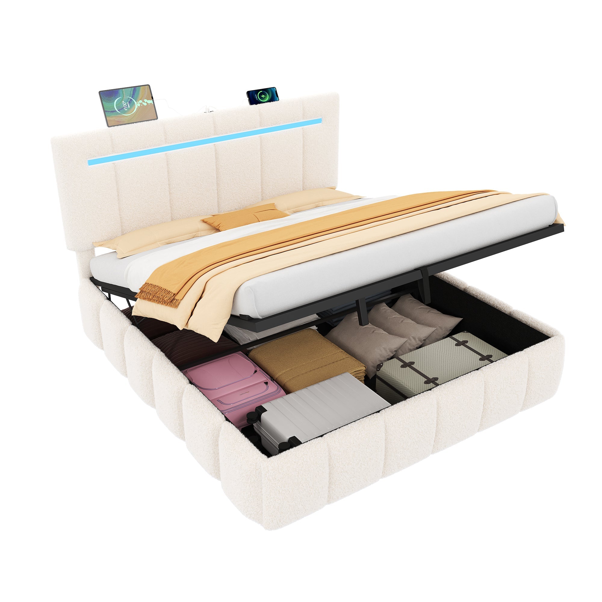 King Hydraulic Bed with Charging Station Boucle