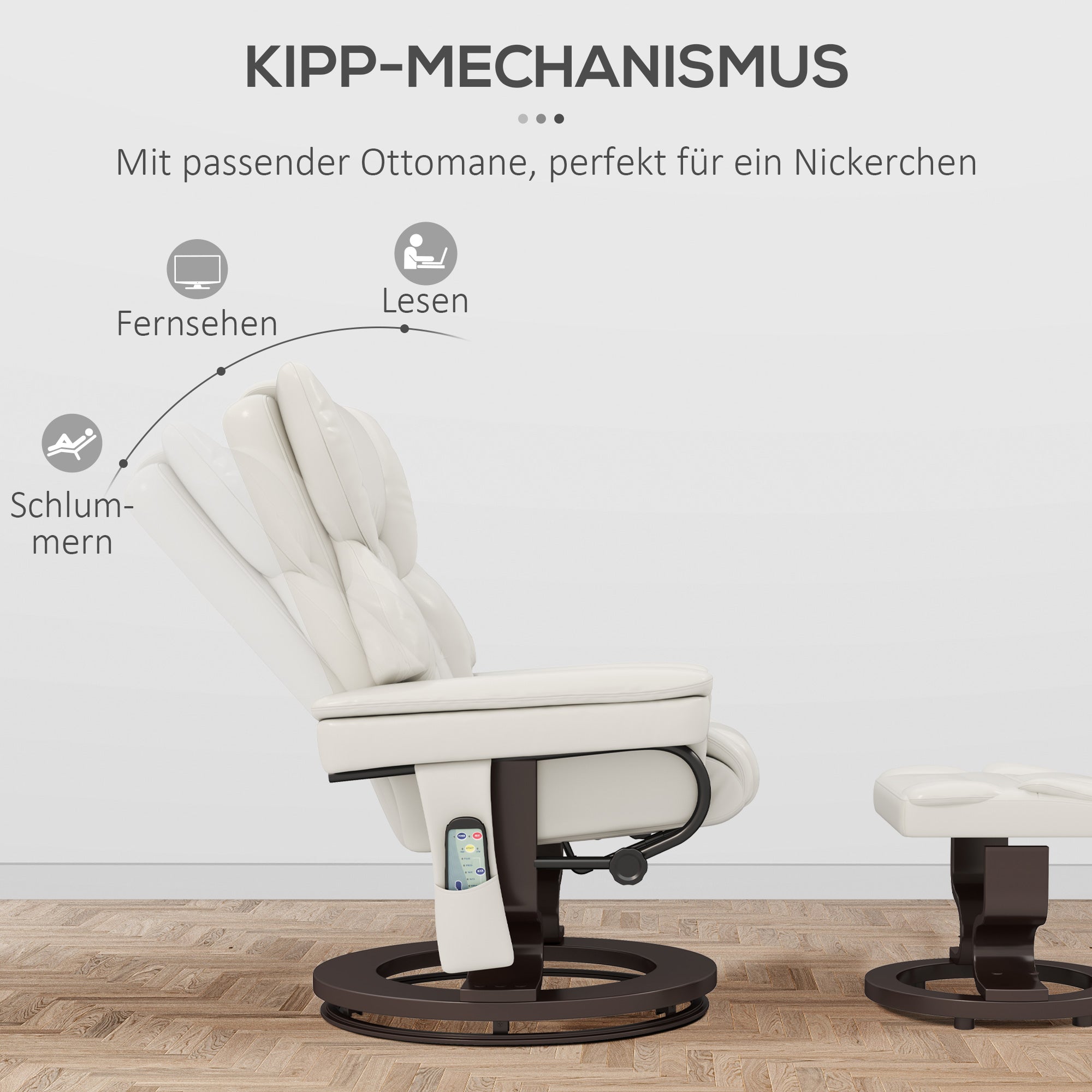 Reclining Armchair with Footstool, Electric Swivel Massage Function, Faux Leather, Cream White