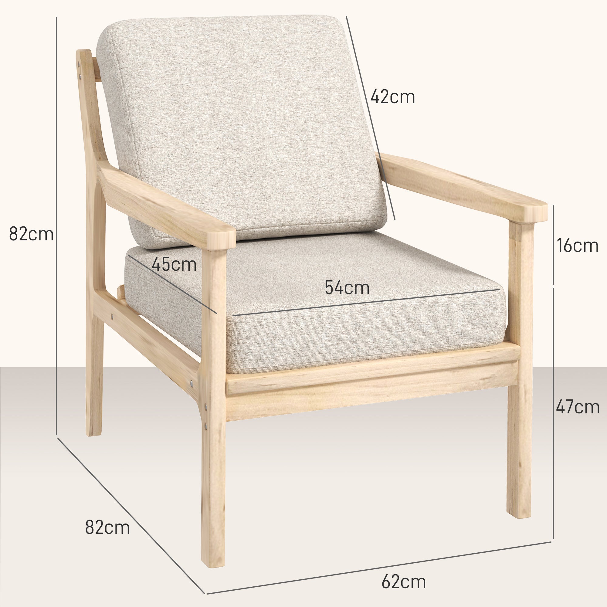 Armchair Lounge Chair, Padded, Removable Cushions, Wooden Legs, Beige