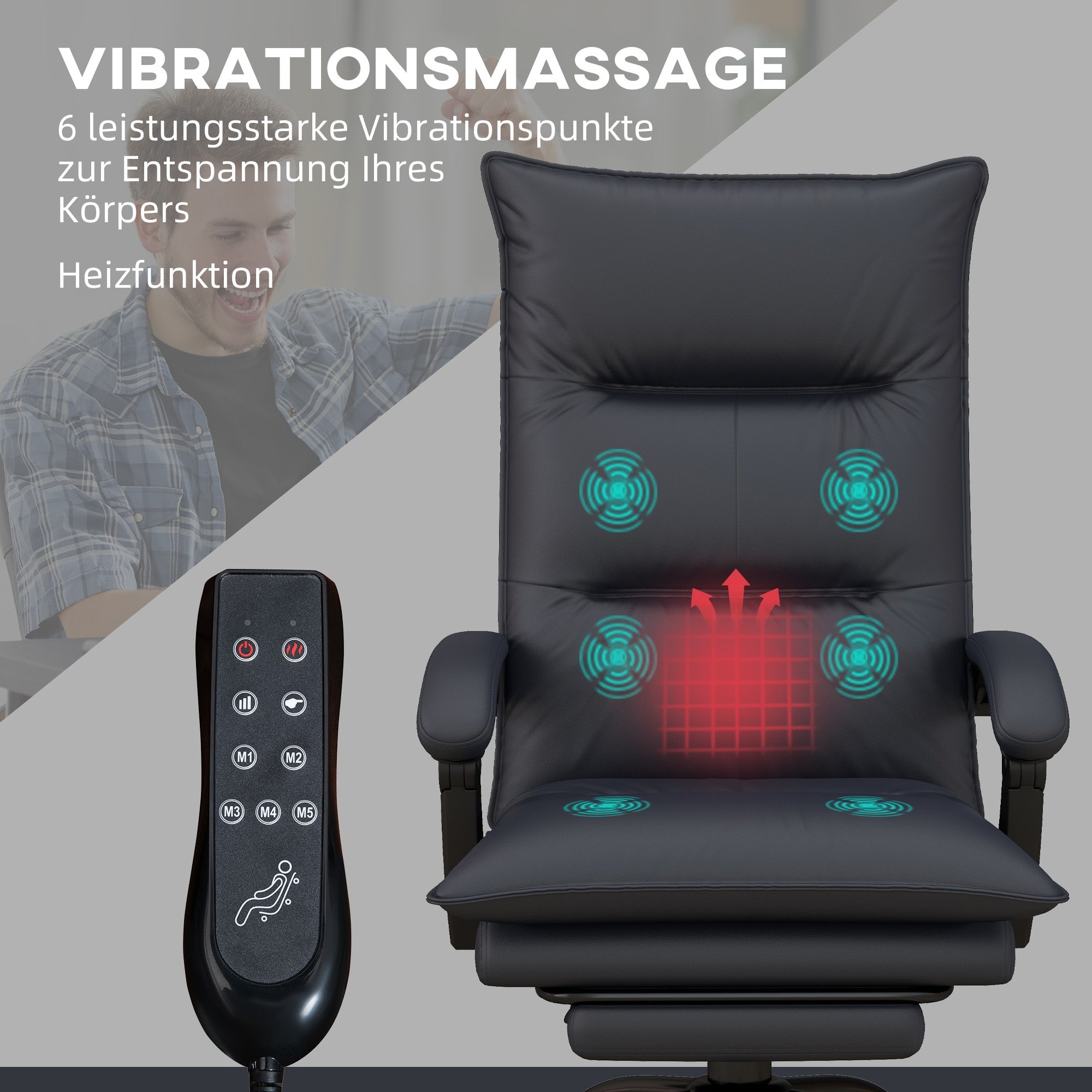 Vinsetto Office Chair with Massage Function, Height-Adjustable, Footrest, Dark Grey