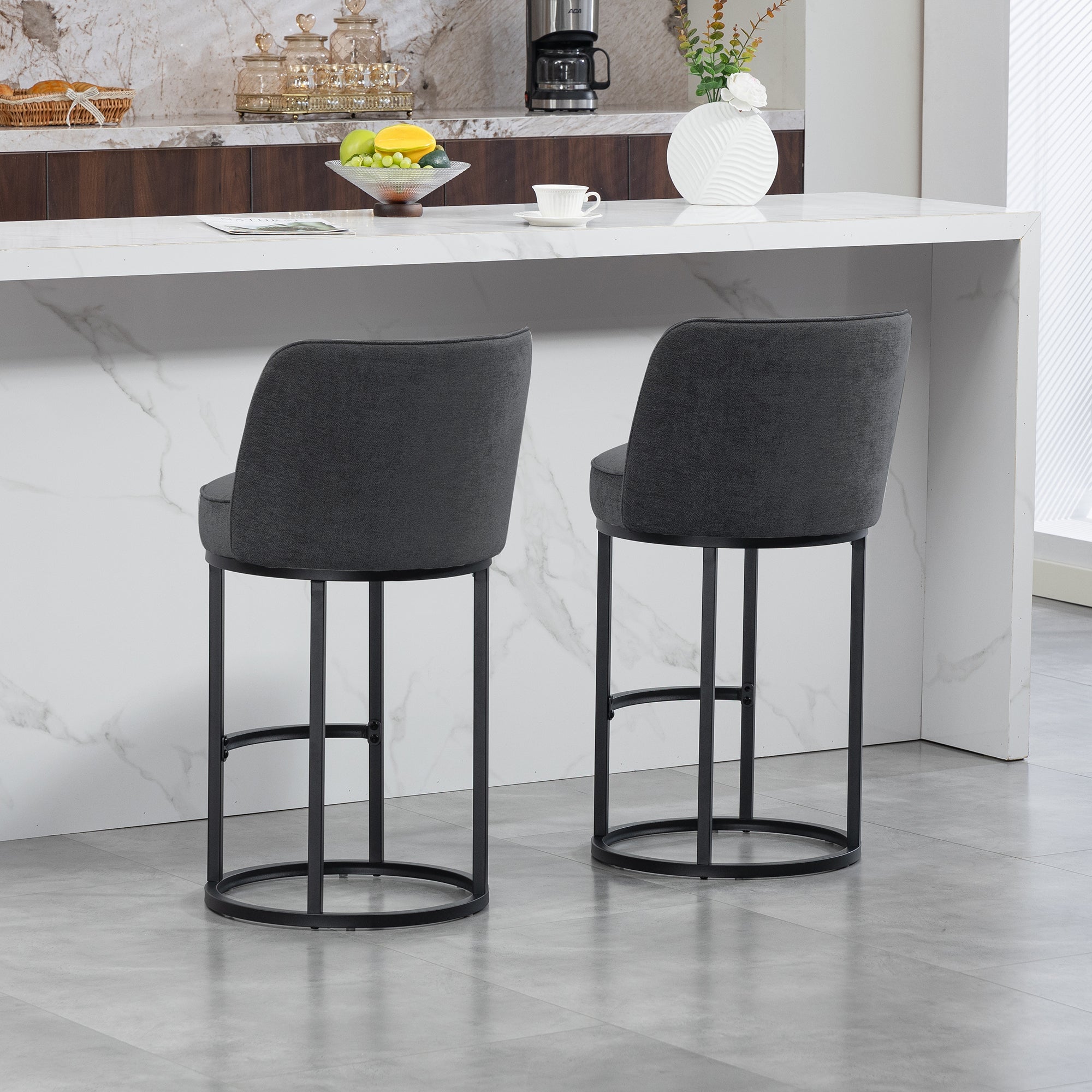 Modern Bar Stools Duo Set with Upholstered Seat and Metal Legs, Linen Upholstery