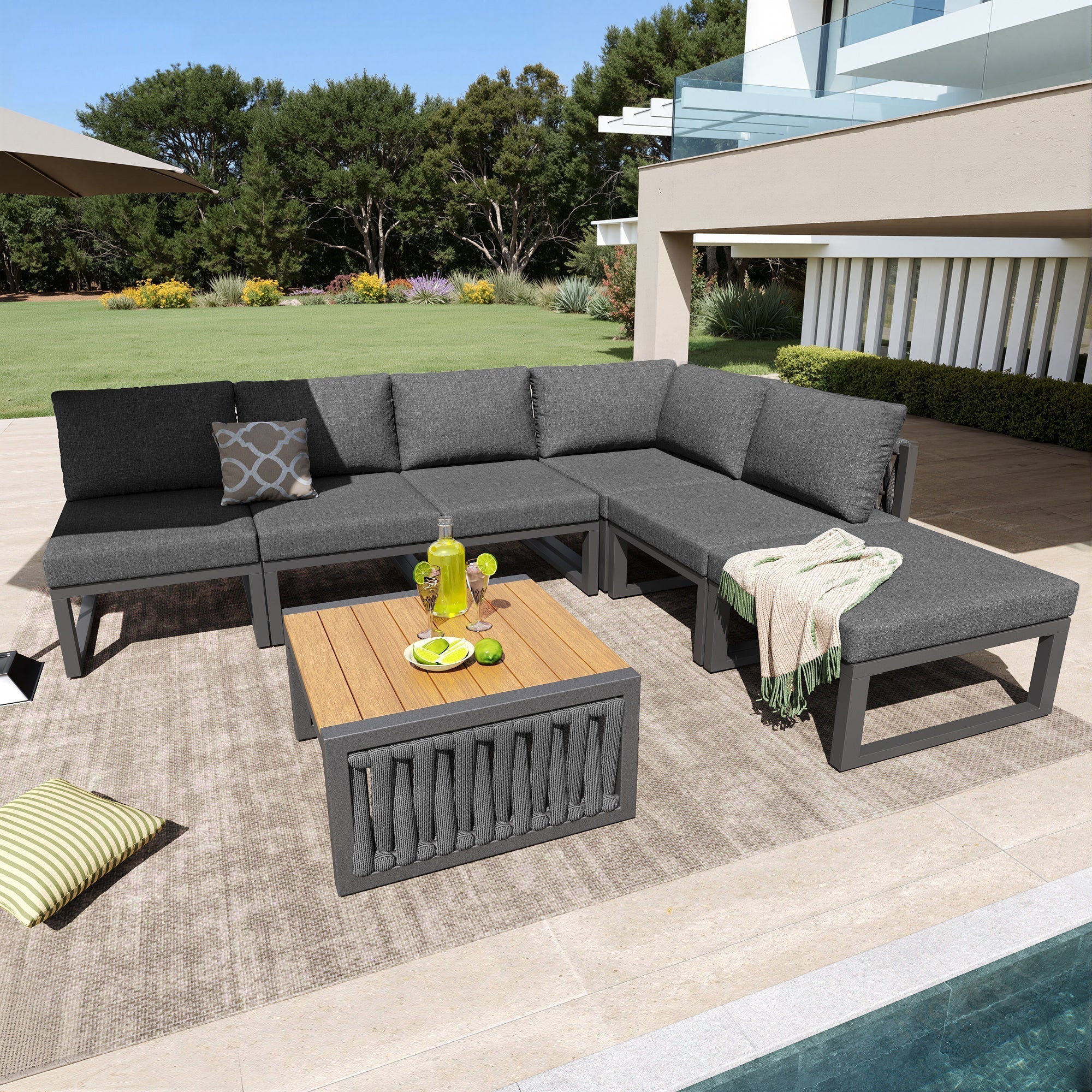 Garden Furniture Set 6-Person Lounge Double Sun Lounger Adjustable Backrest Cushions - Grey