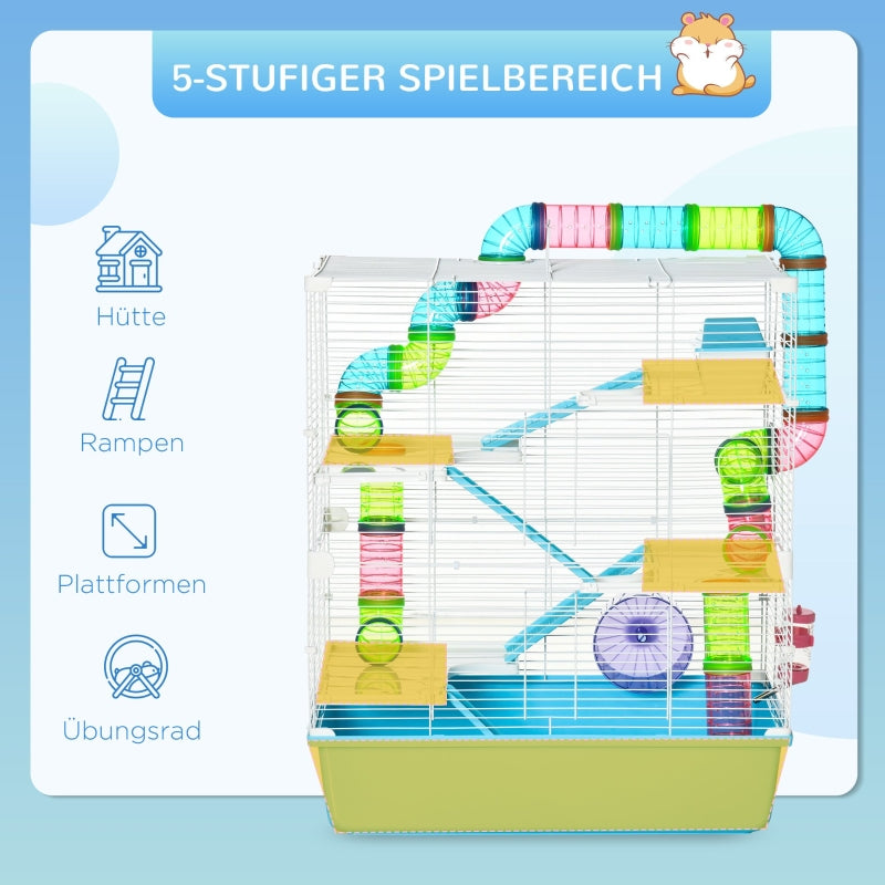 Kleintierkäfig, 5 Ebenen mit Laufrad, Hellblau + Weißer Kunststoff