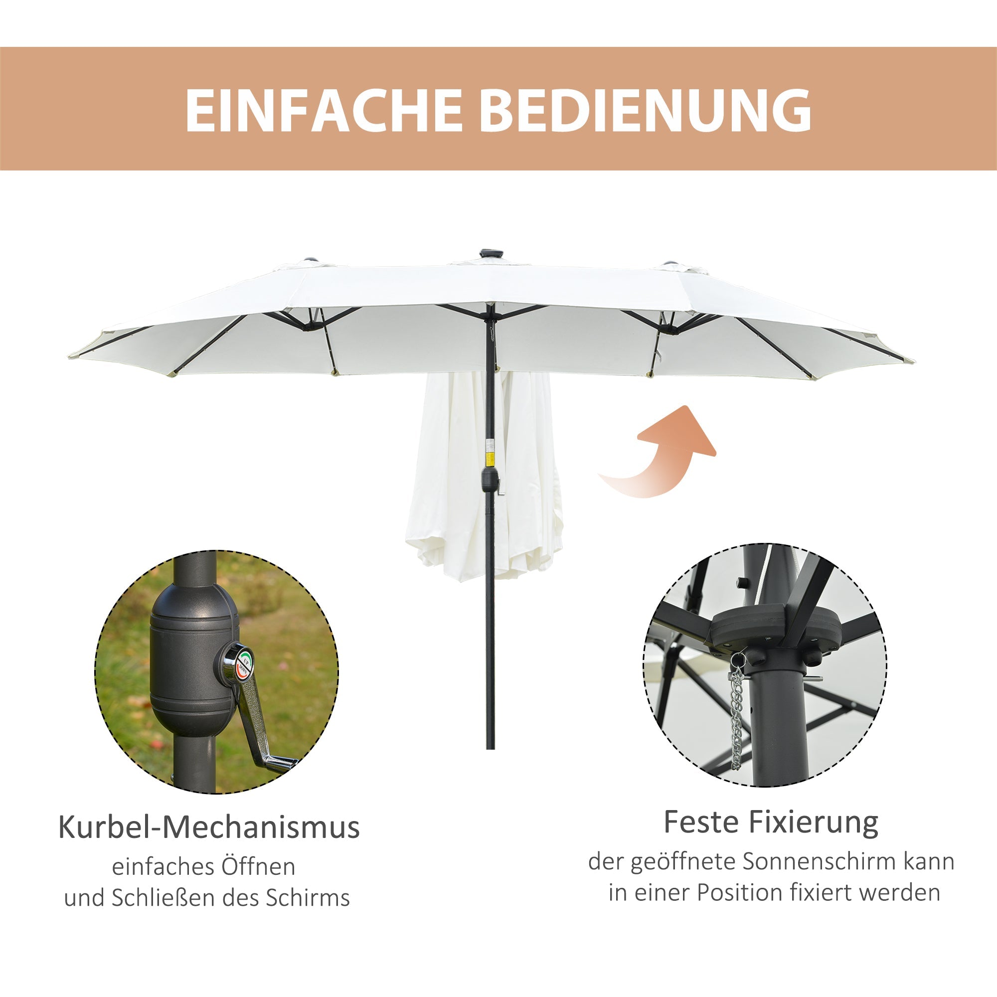 Parasol 4.5m Double Oval LED Solar Garden Patio Black/Cream White