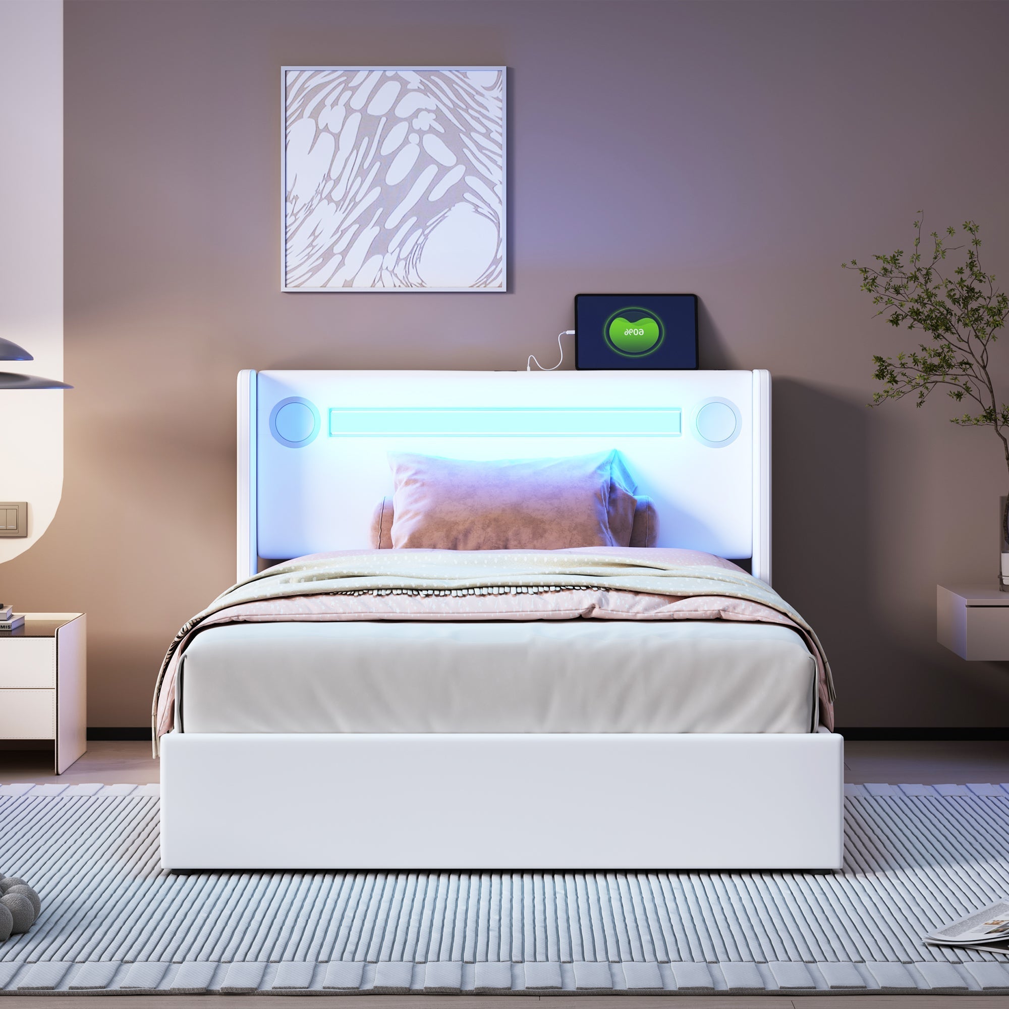 Upholstered Bed with LED Lights, Bluetooth Player, USB Ports and Hydraulic Storage, White PU Leather