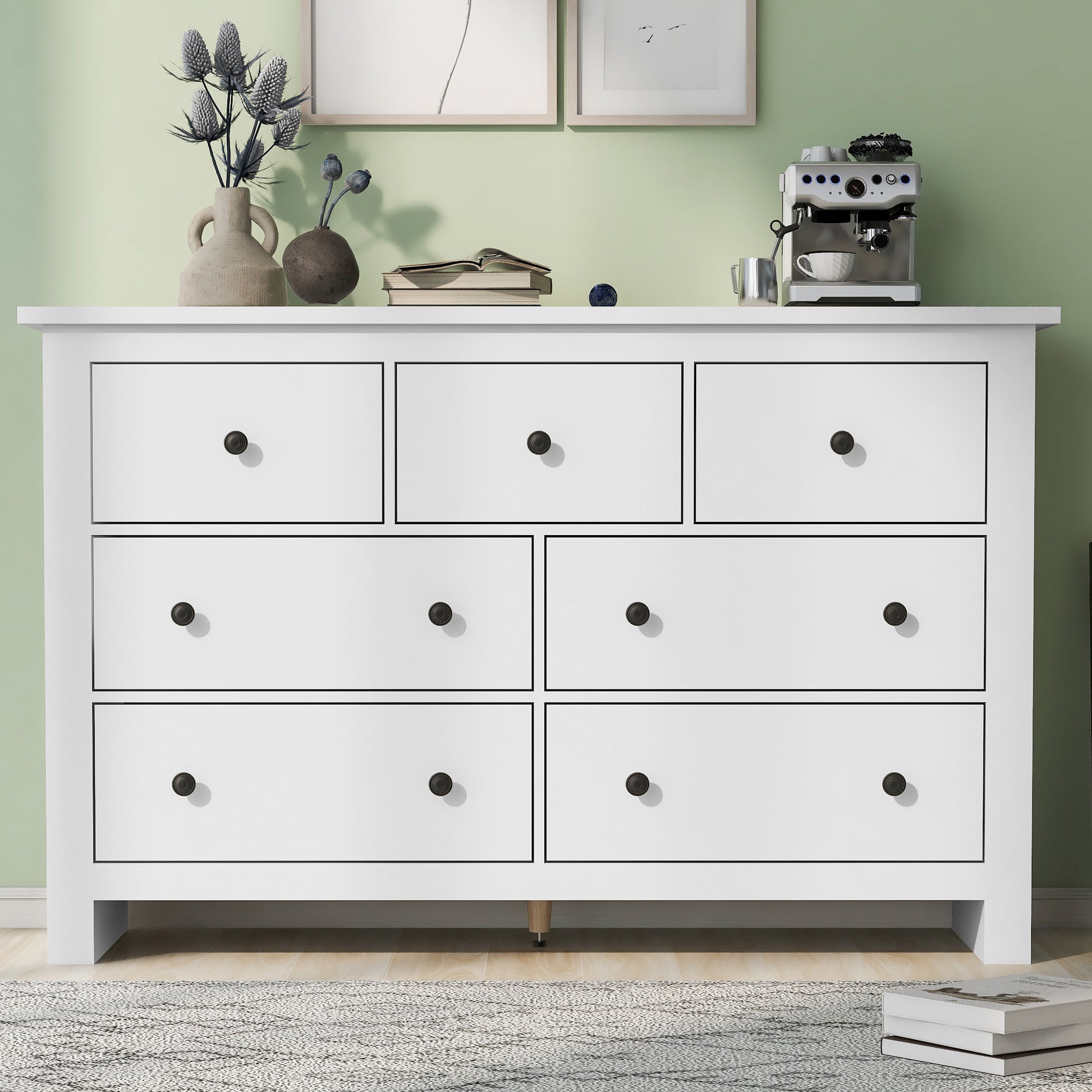 Dining Cabinet, Modern Minimalist 7-Drawer Buffet, White