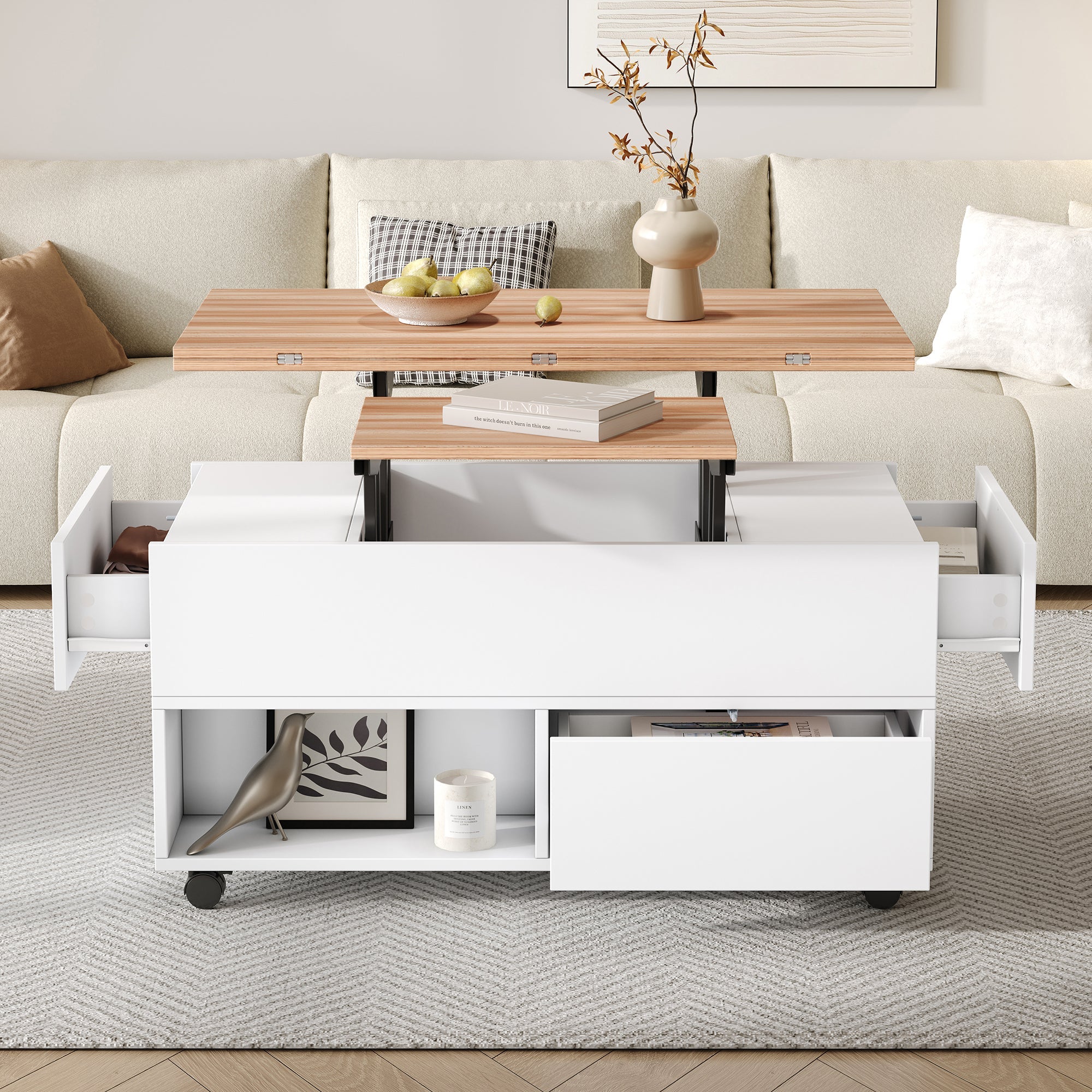 Coffee Table, 100x50x52cm Lift-Top with 4 Wheels & Drawers, White & Wood