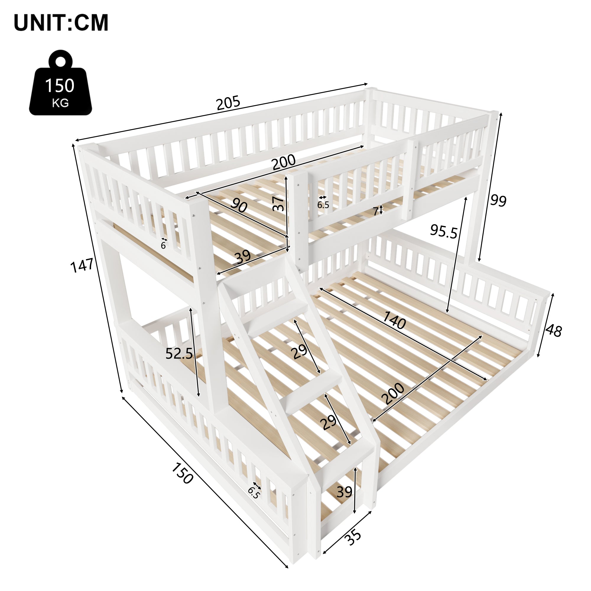 Bunk Bed 90x200cm/140x200cm Mixed Size with Ladder & Rail White