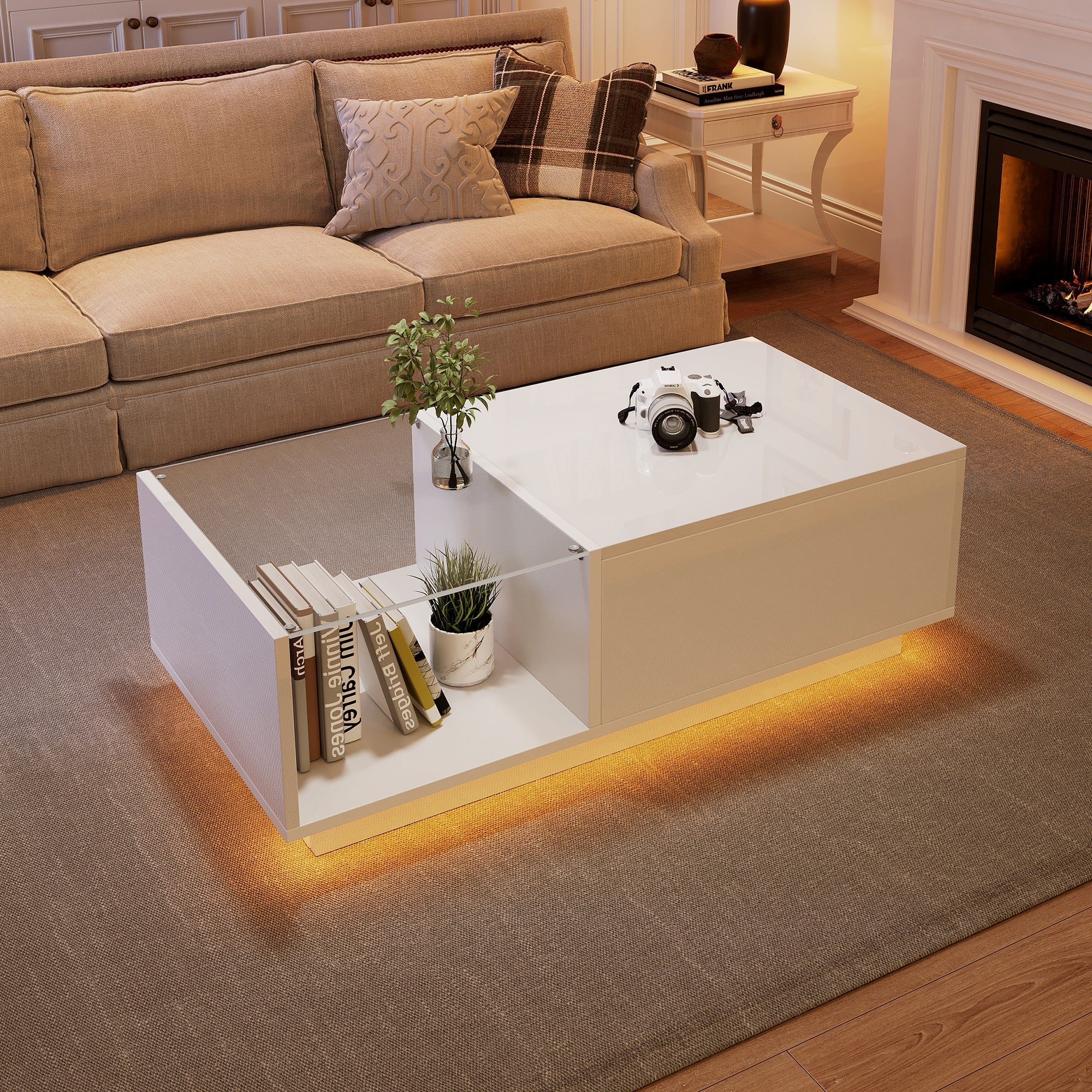 Lift Up Coffee Table Hidden Storage LED High Gloss, White MDF+Glass