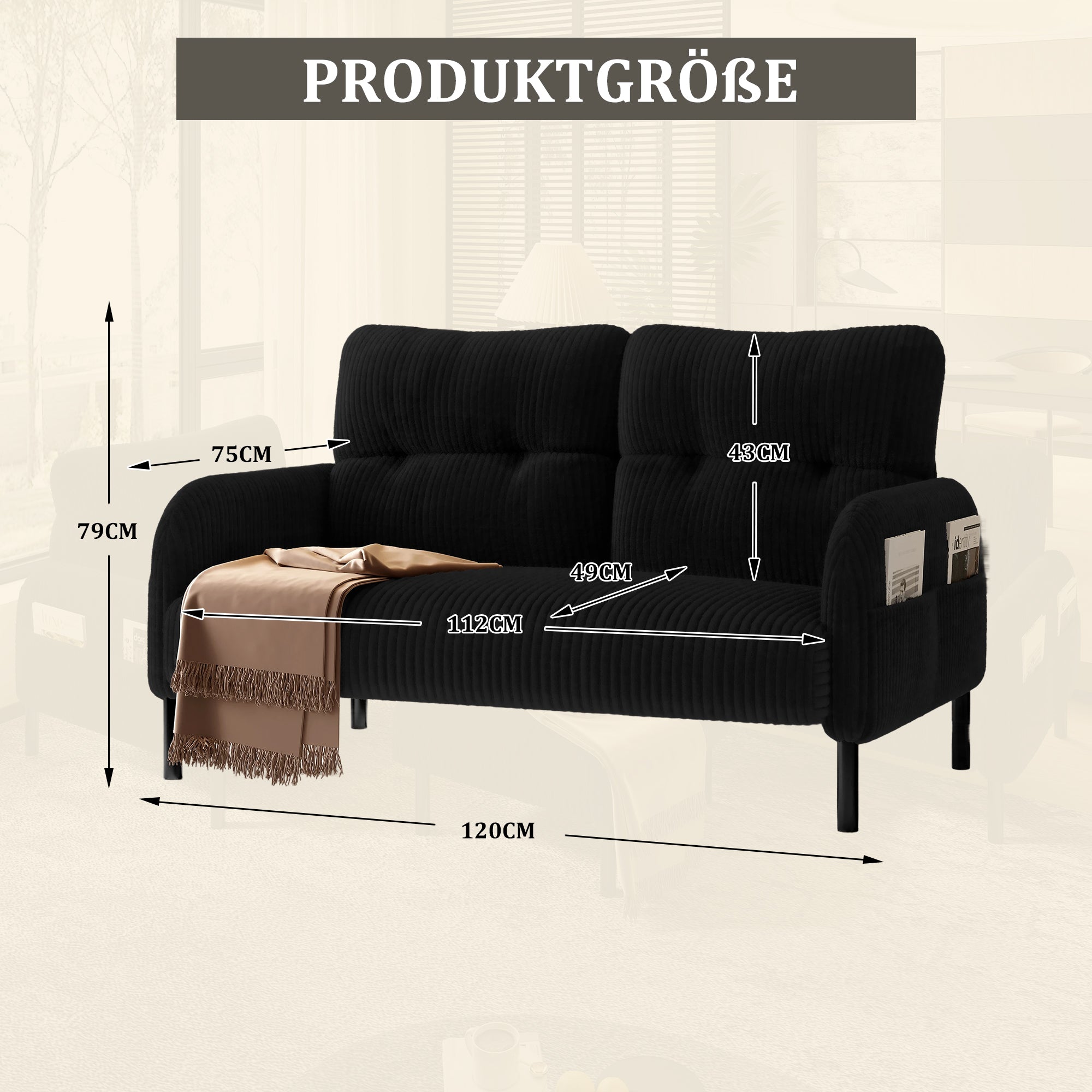 Two-Seater Sofa, Comfort Padding High Backrest Side Pockets Metal Feet, Corduroy