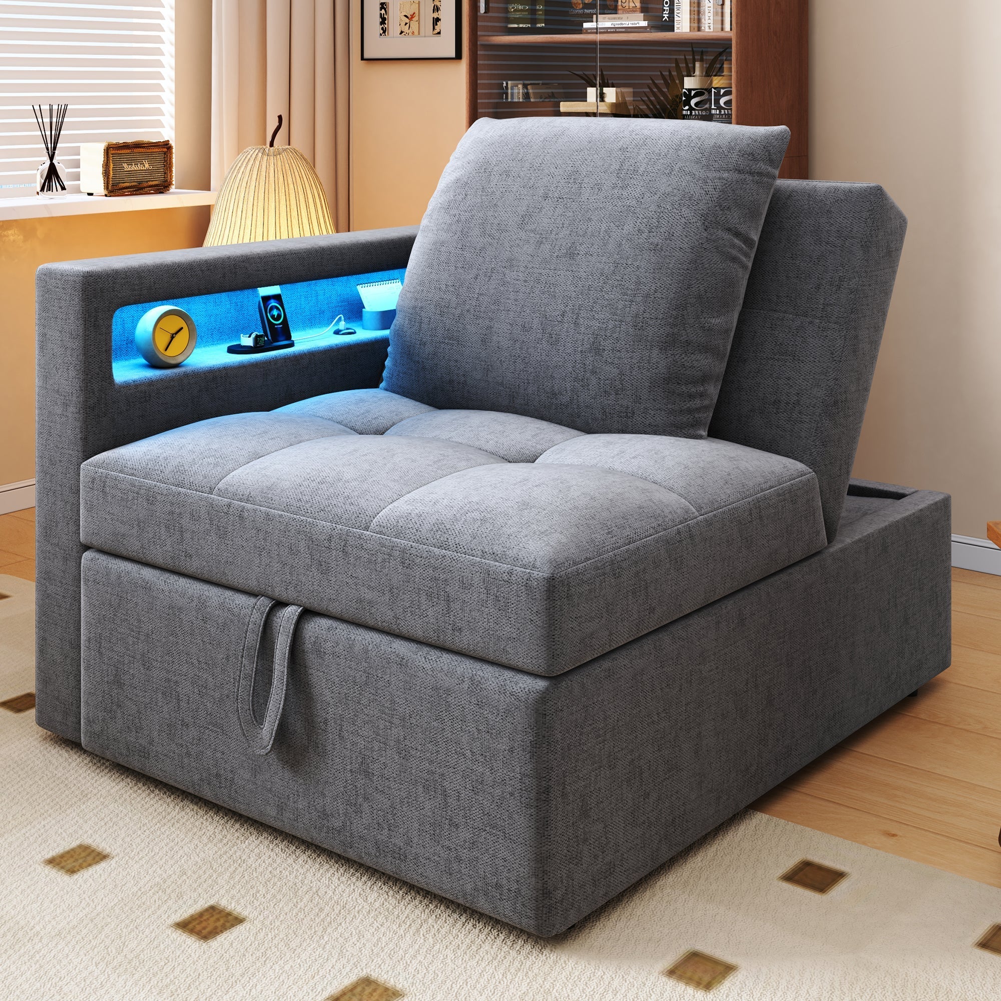 Upholstered Sleeper Sofa 3-in-1 Multifunctional Adjustable LED USB Ports Linen Fabric