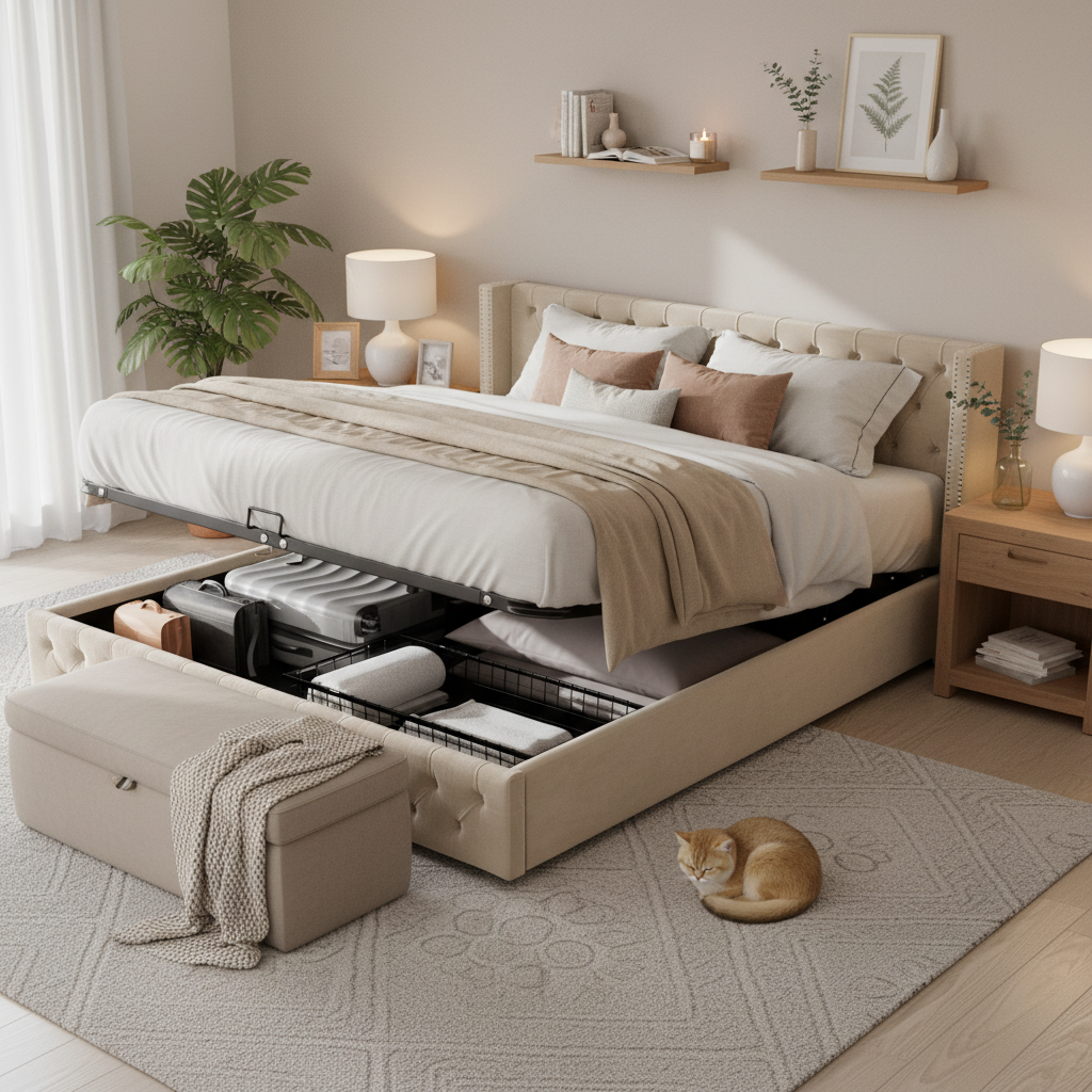 Upholstered Bed 140x200cm Hydraulic Storage Ear Shape Studs Button Tufted - Velvet Beige