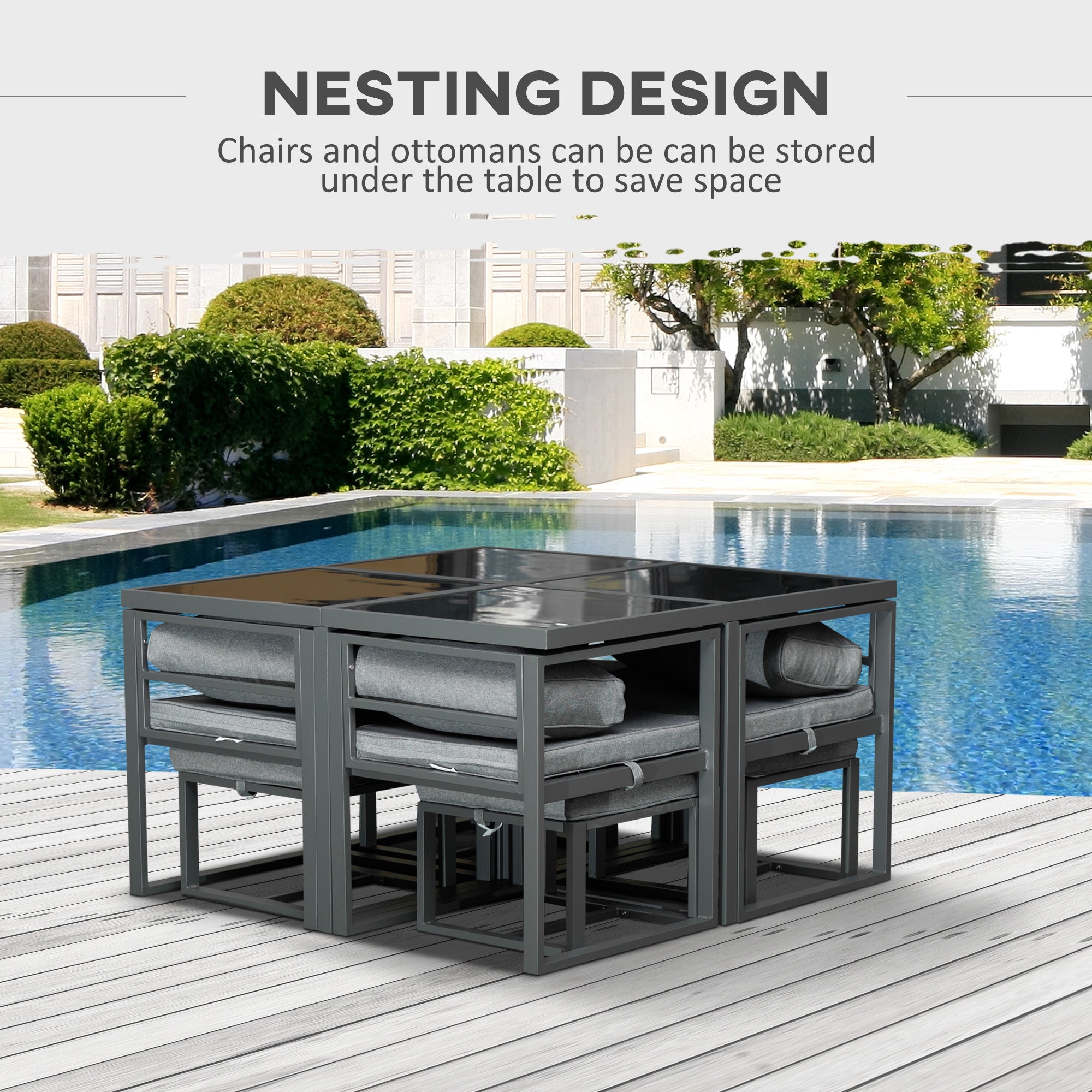 9PCs Patio Dining Set, Space Saving Cube with 8 Seater, Aluminium