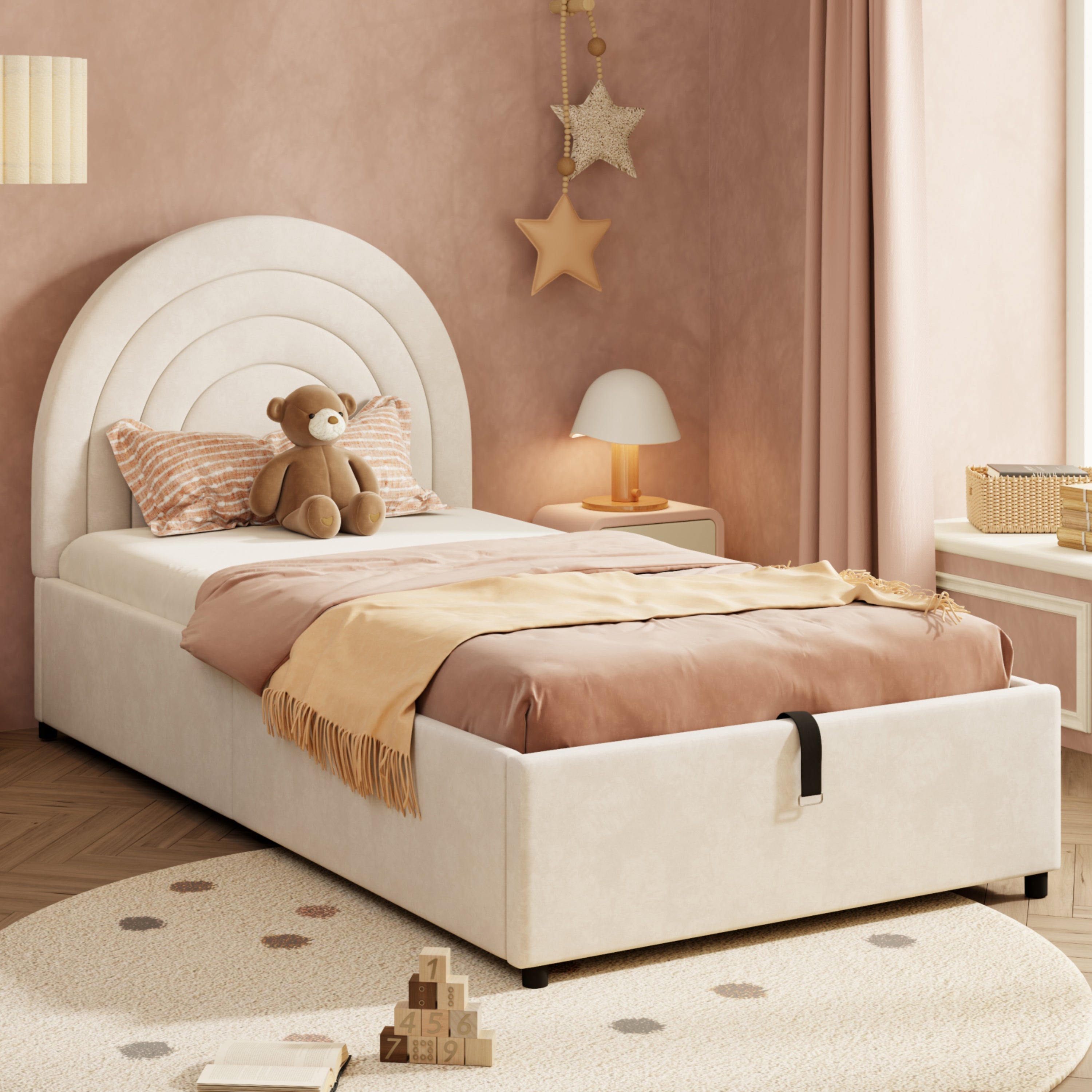 Upholstered Single Bed 90x200 with Slatted Base and Headboard, Beige Velvet