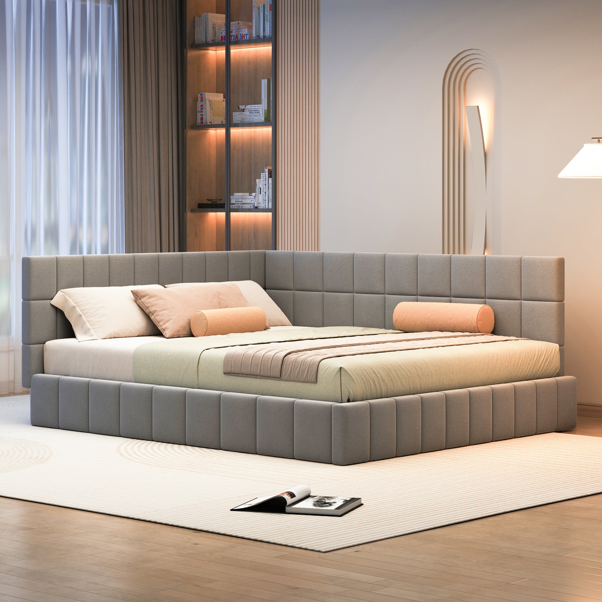 Upholstered Bed Sofa, 160*200 Multifunctional with Slatted Frame, Velvet Fabric Gray