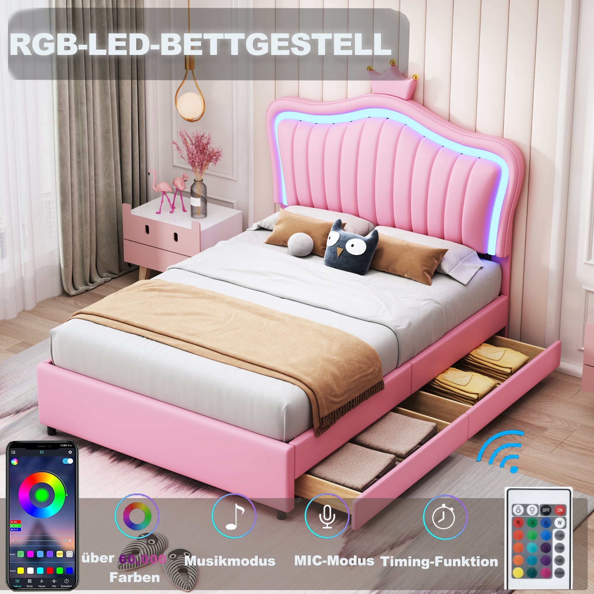 Children's Bed, Upholstered with Storage Drawers & LED Lights, Pink PU Leather