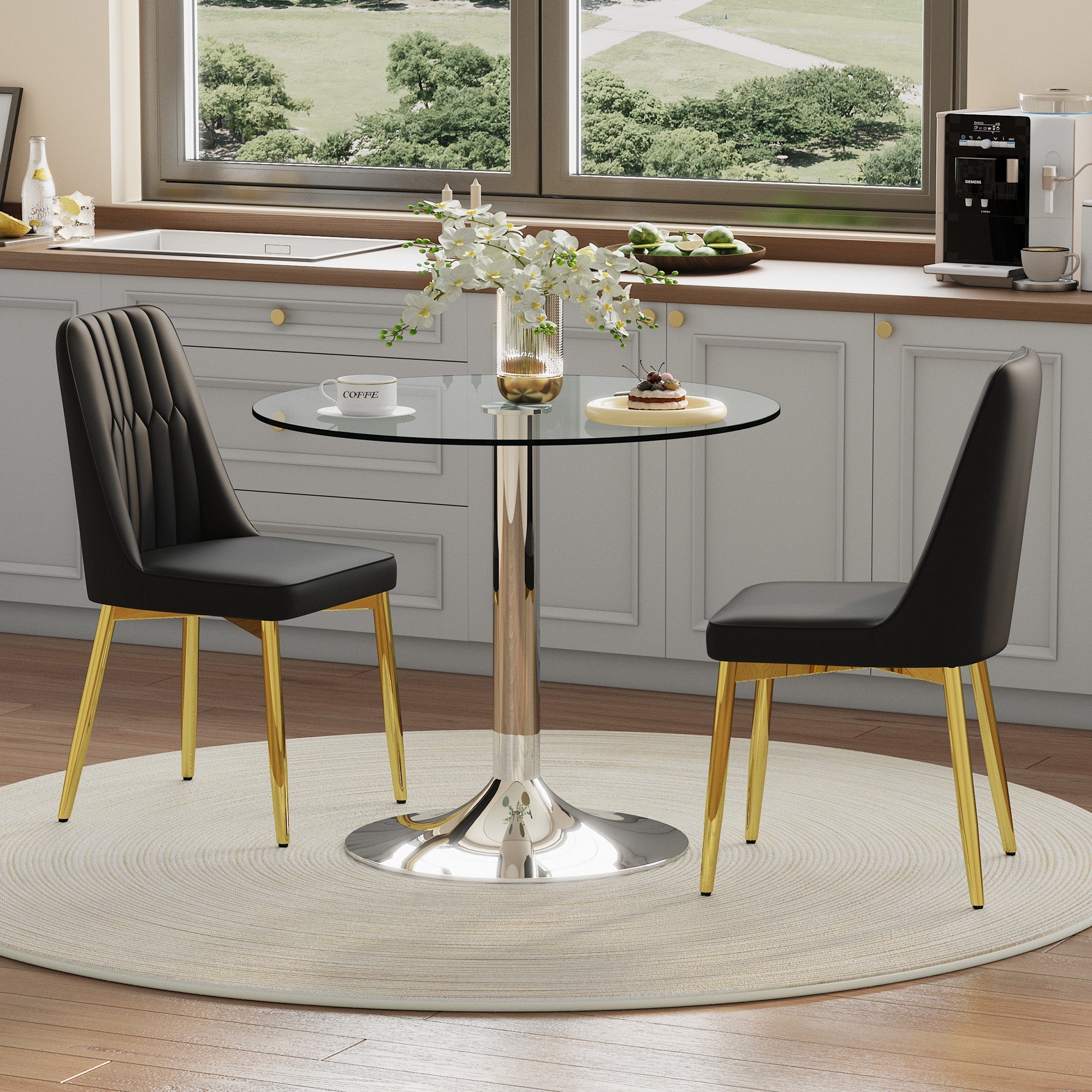 Dining Set 85cm Round Tempered Glass Table with 2 Black PU Chairs - Black/Gold