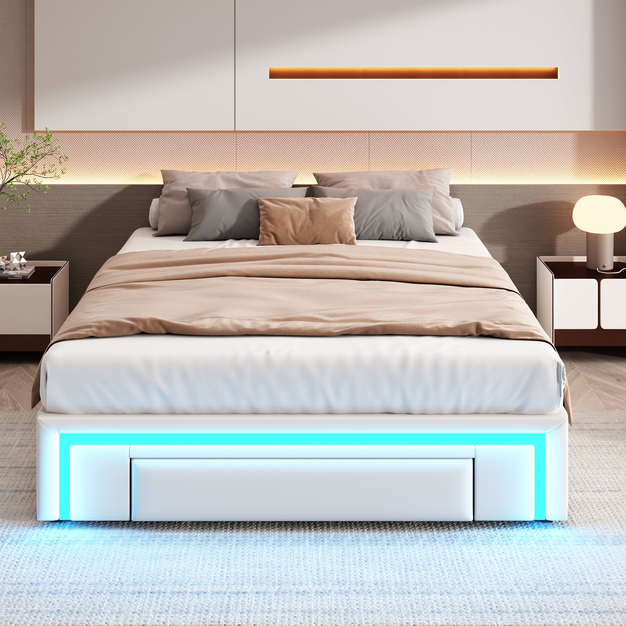 Bed Frame 140x200 with Drawers, LED Light Bar, Metal Slatted Platform, PU Leather Beige