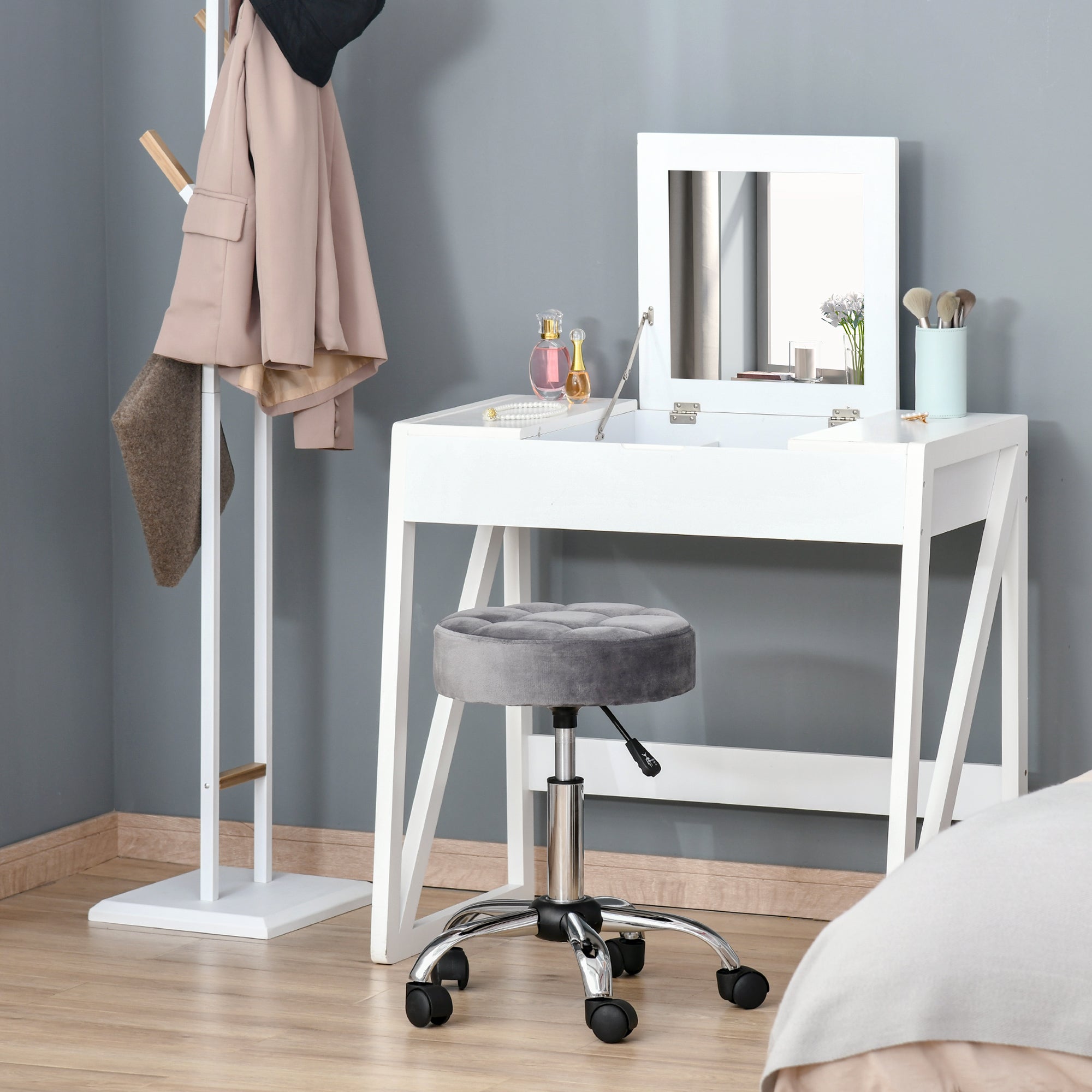 Salon Chair/Stool, Height-Adjustable Swivel with Wheels, Velvet Touch Grey