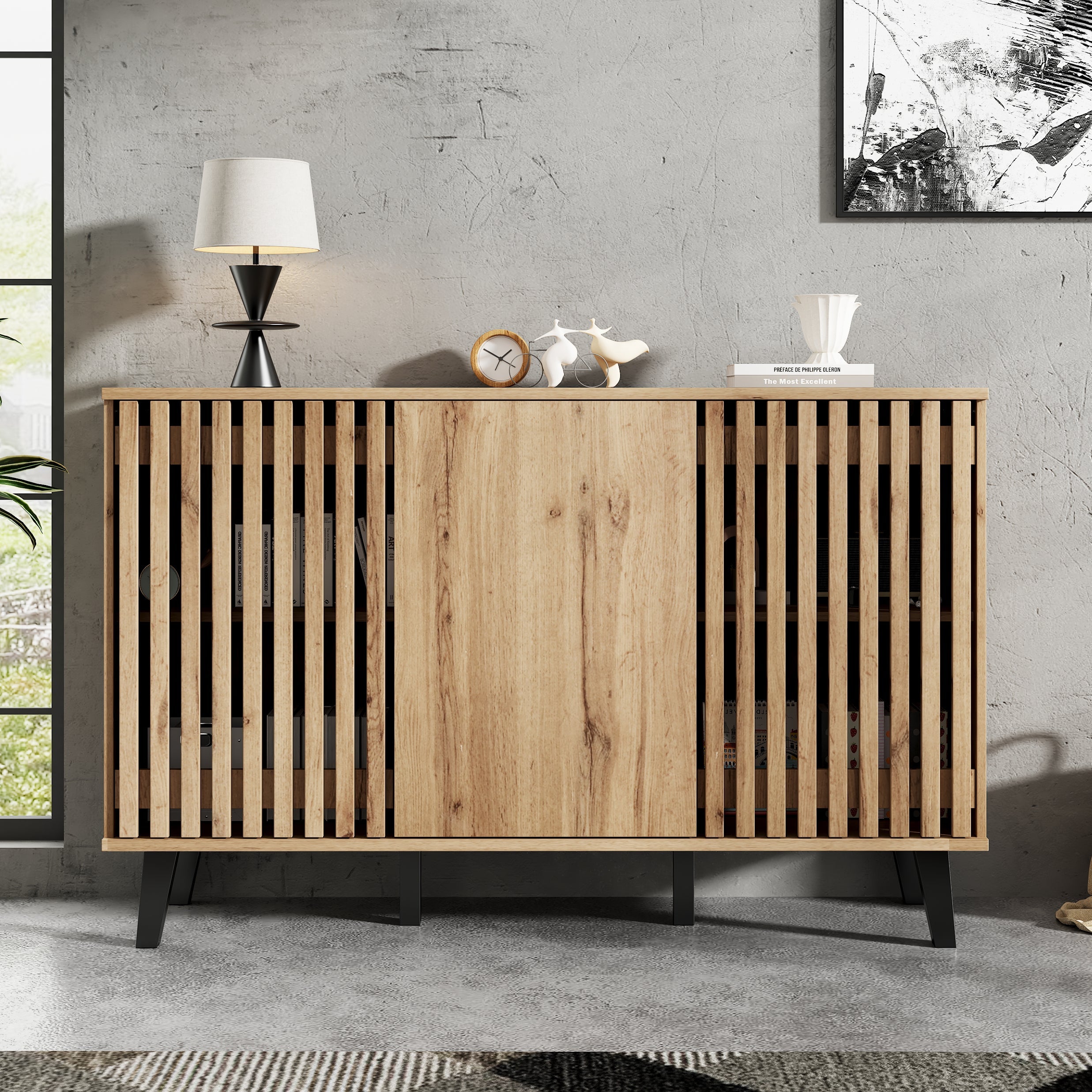 Side Cabinet 150x40x95cm, 3-Door 6 Storage Compartments, Sideboard Table