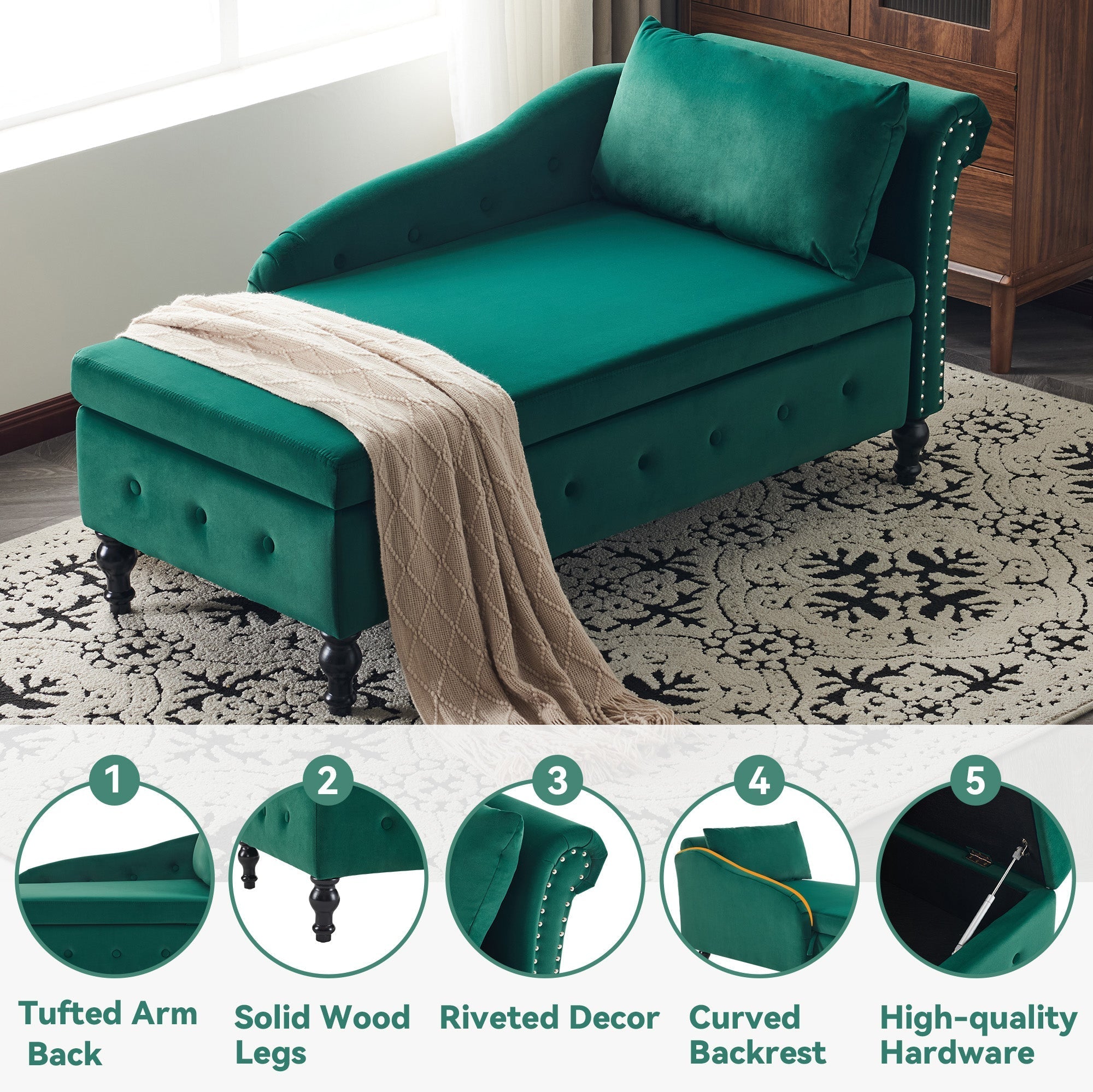 Velvet Chaise Lounge Sofa with Storage, Upholstered, Modern Nailhead-Trim & Button-tufted, Right Armrest