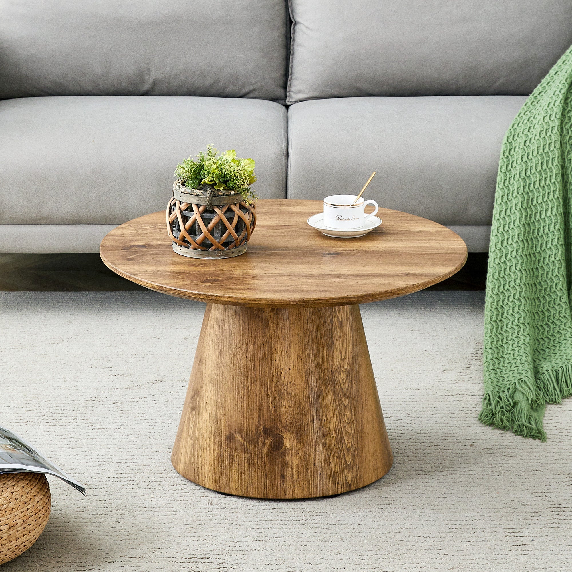Set of 2 Round Coffee Tables, High and Low Nesting Stool Side Tables, Natural Wood Look MDF
