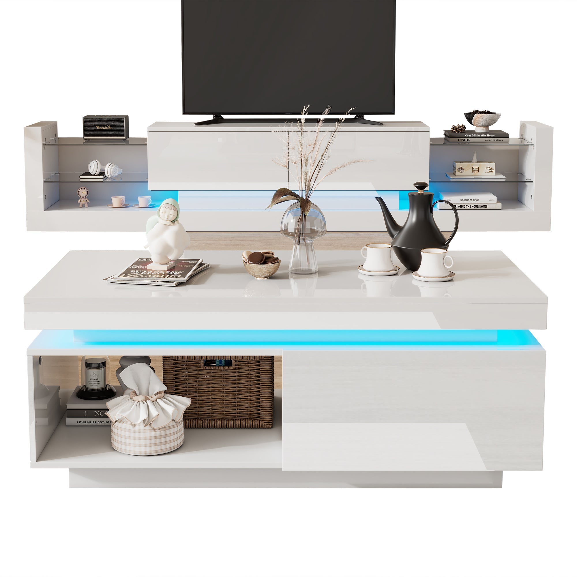 High-gloss TV Cabinet Set + Coffee Table, Living Room Wall Unit, White