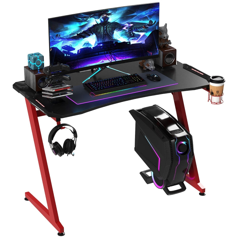 Gaming Desk with Headphone Hook, Cup Holder, Gamepad Rack, Carbon Fibre Black and Red