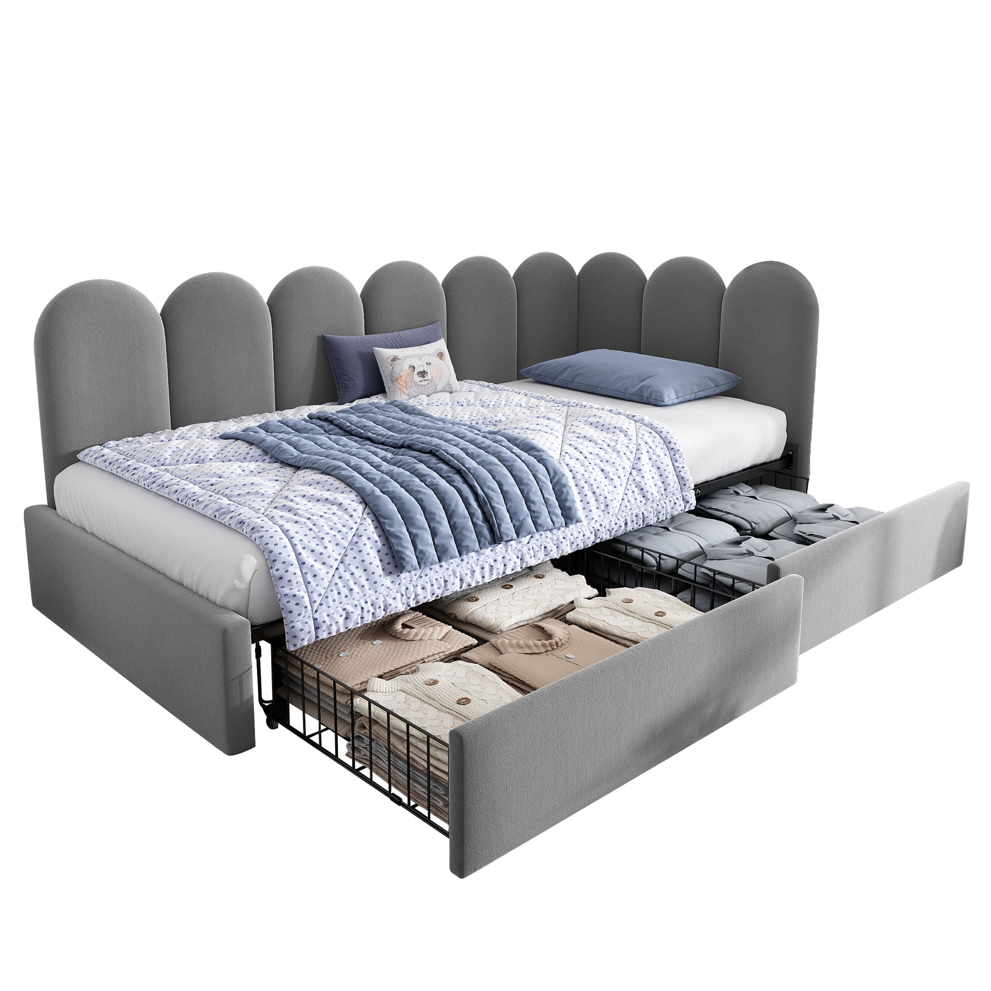 Upholstered Single Daybed 90x190cm Storage Drawers - Grey Velvet
