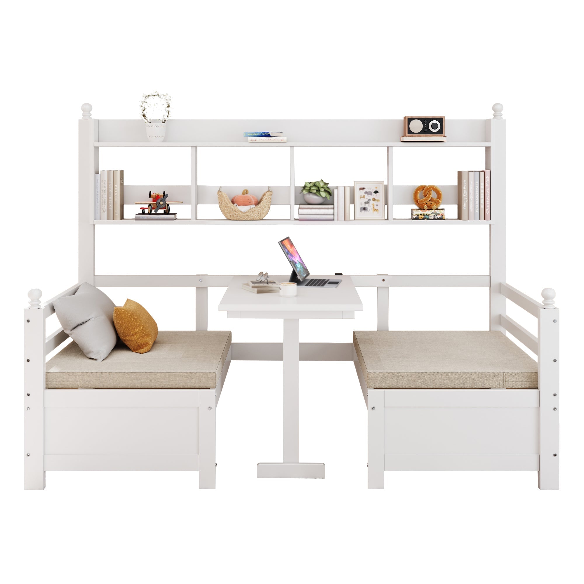 Sofa Bed, Multifunctional 2-in-1 Bed & Desk with Bookshelf & Pillows, Solid Wood White