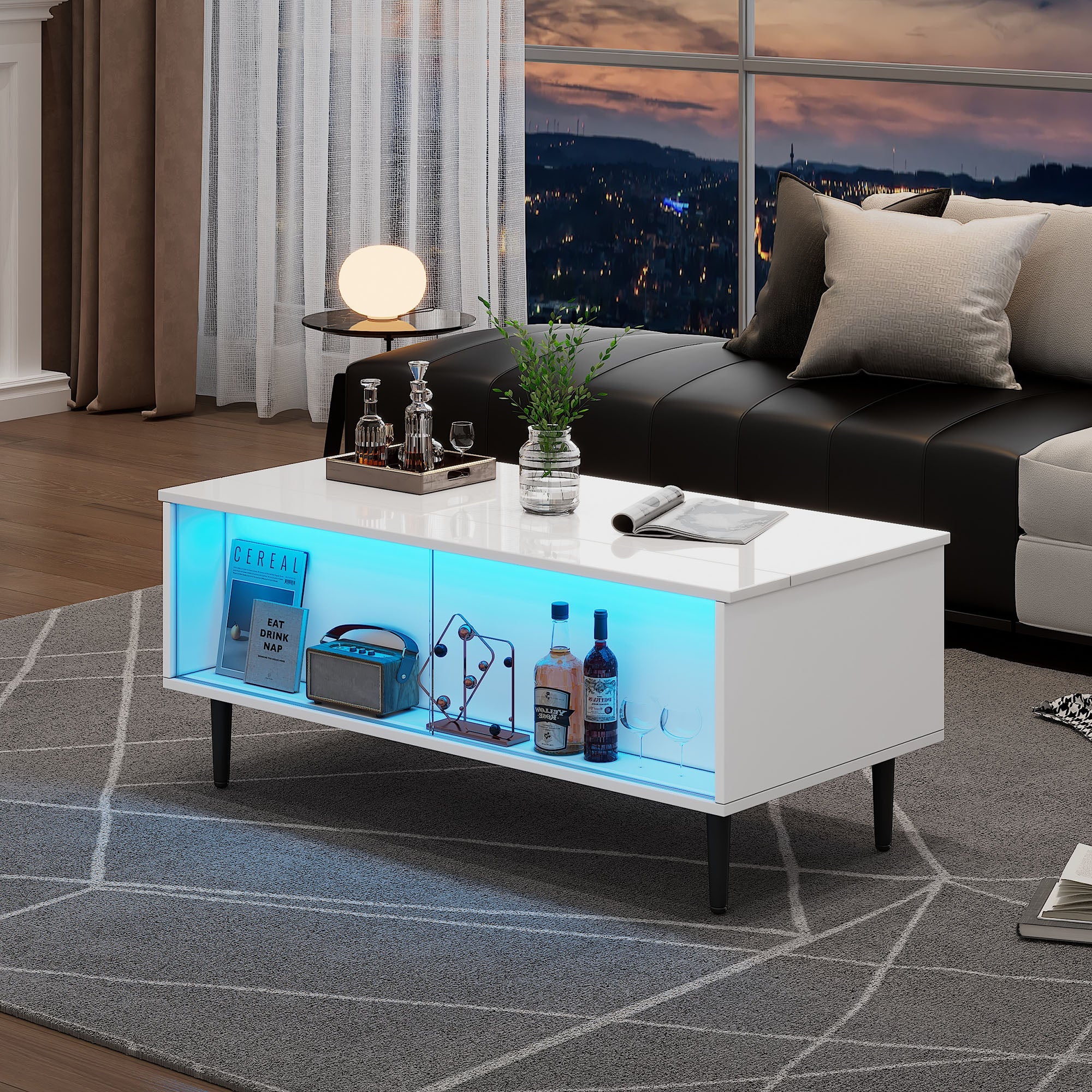Coffee Table, Height-Adjustable with Hidden Storage & LED Light, White Tempered Glass