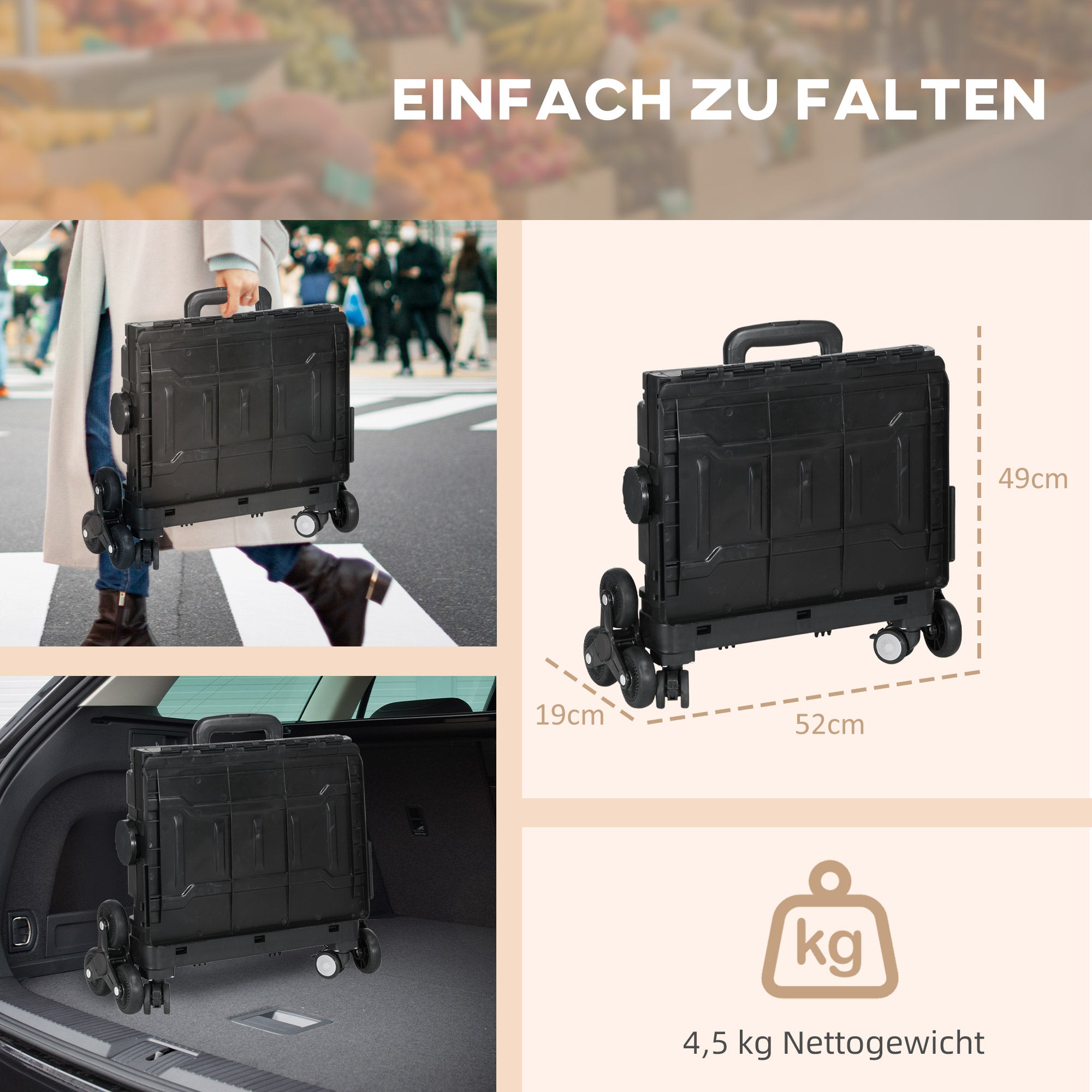 Foldable shopping trolley, 80 kg portable, adjustable handle, stair climber, with lid
