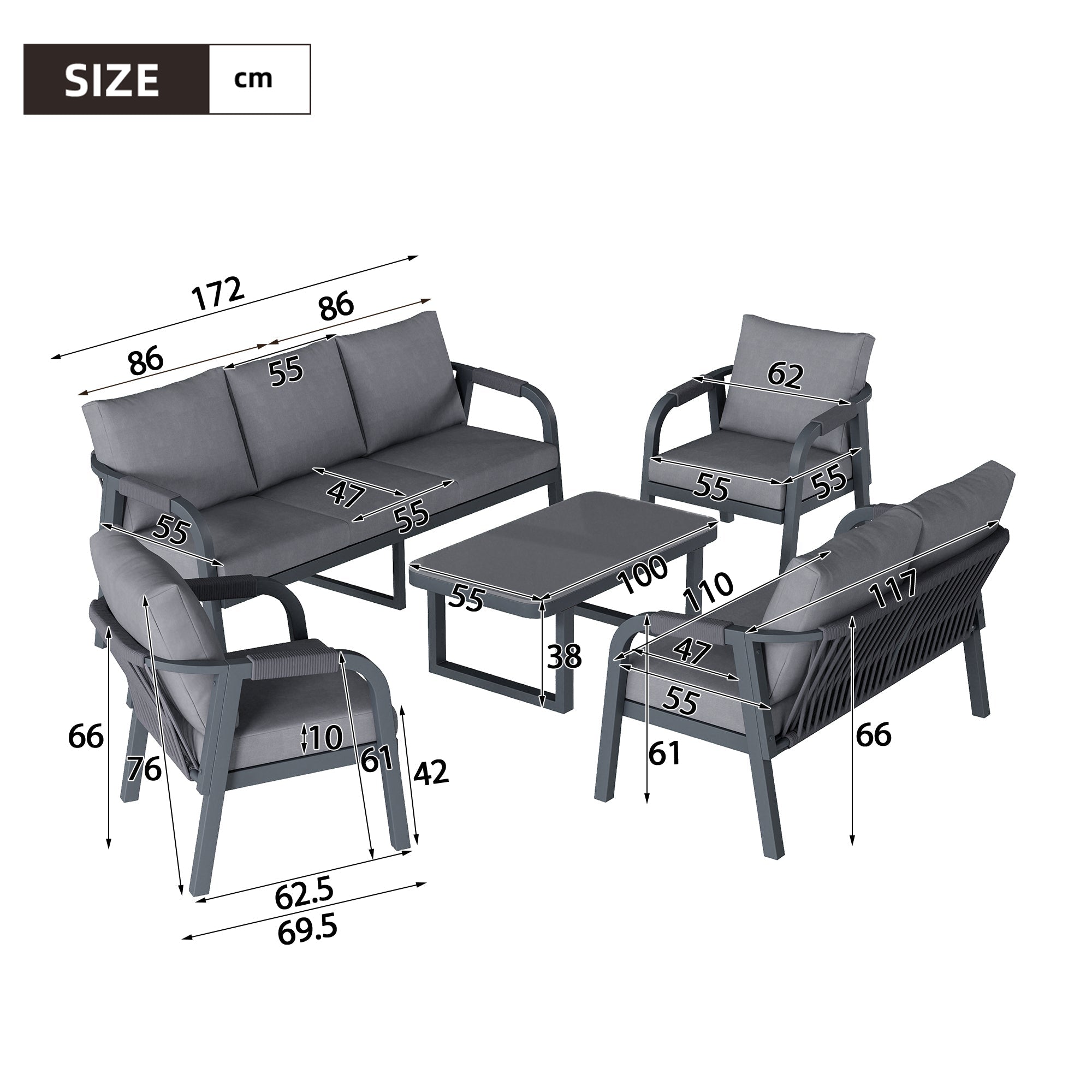 Garden Lounge Set, 7-Seater with Sofas, Armchairs and Coffee Table, Woven Rope and Galvanized Iron, Grey