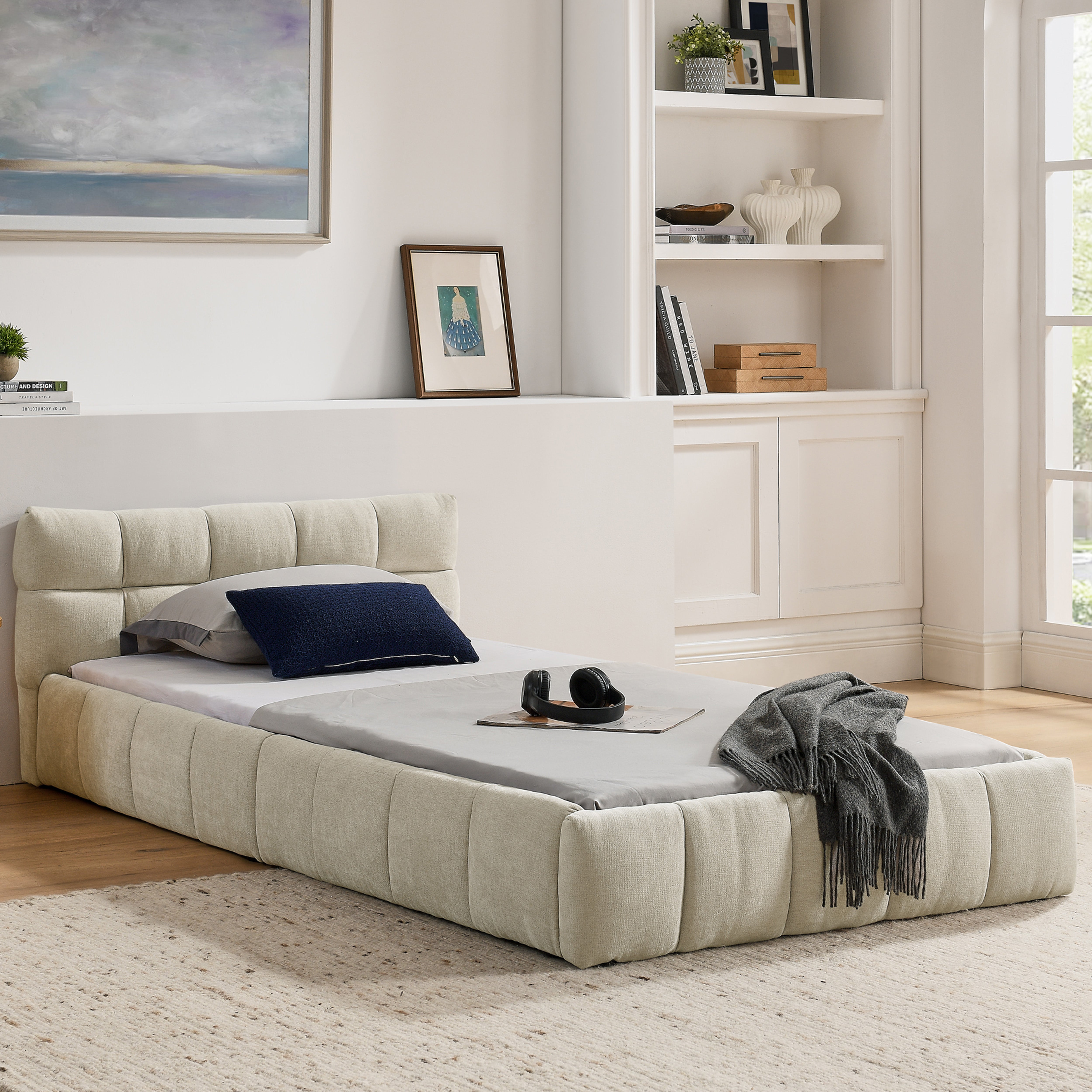 Single Bed 90x200cm Eucalyptus Wood Frame, Chenille Beige