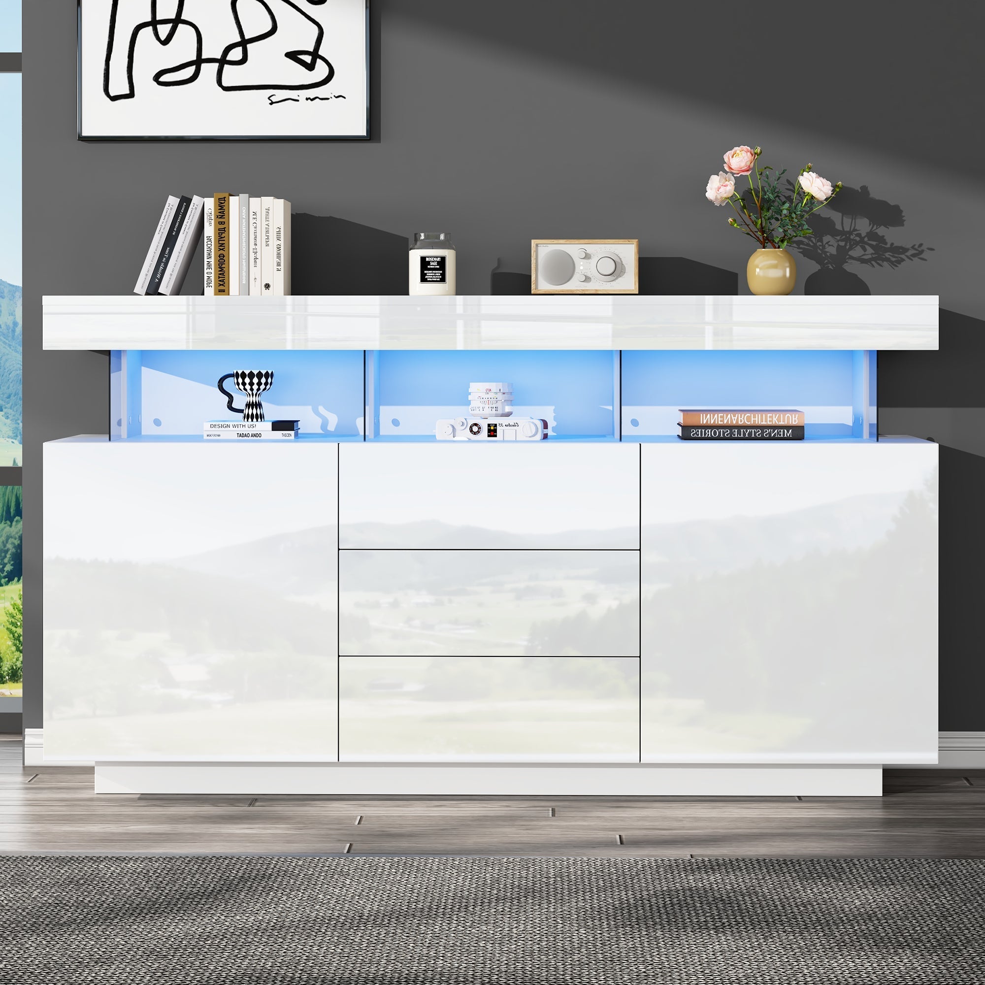 Modern Sideboard High-Gloss Coffee Bar LED Light Strip 140x35x80cm White Acrylic