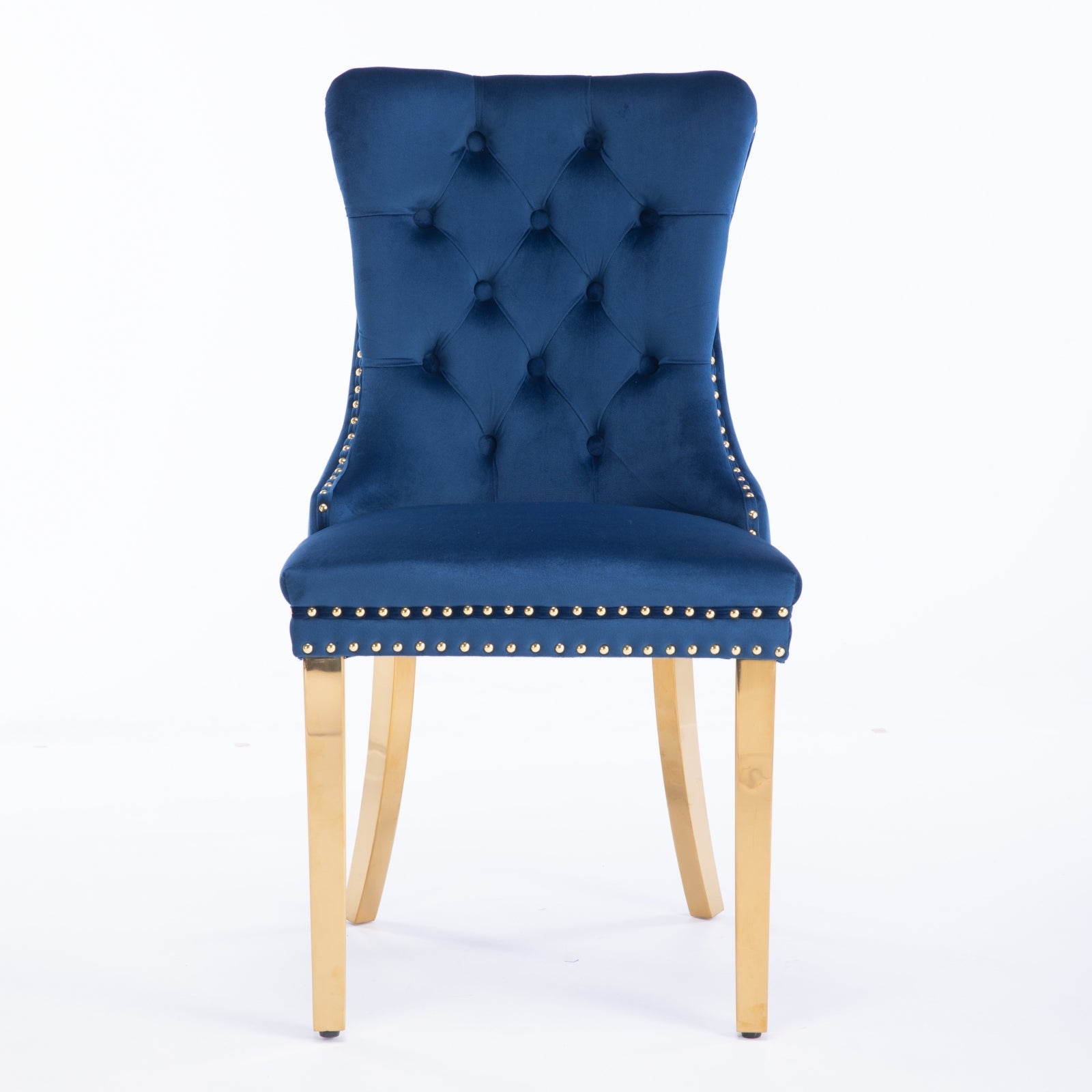 Dining Chair Set of 2 Tufted Velvet Upholstered Golden Legs Nailhead Trim - Blue