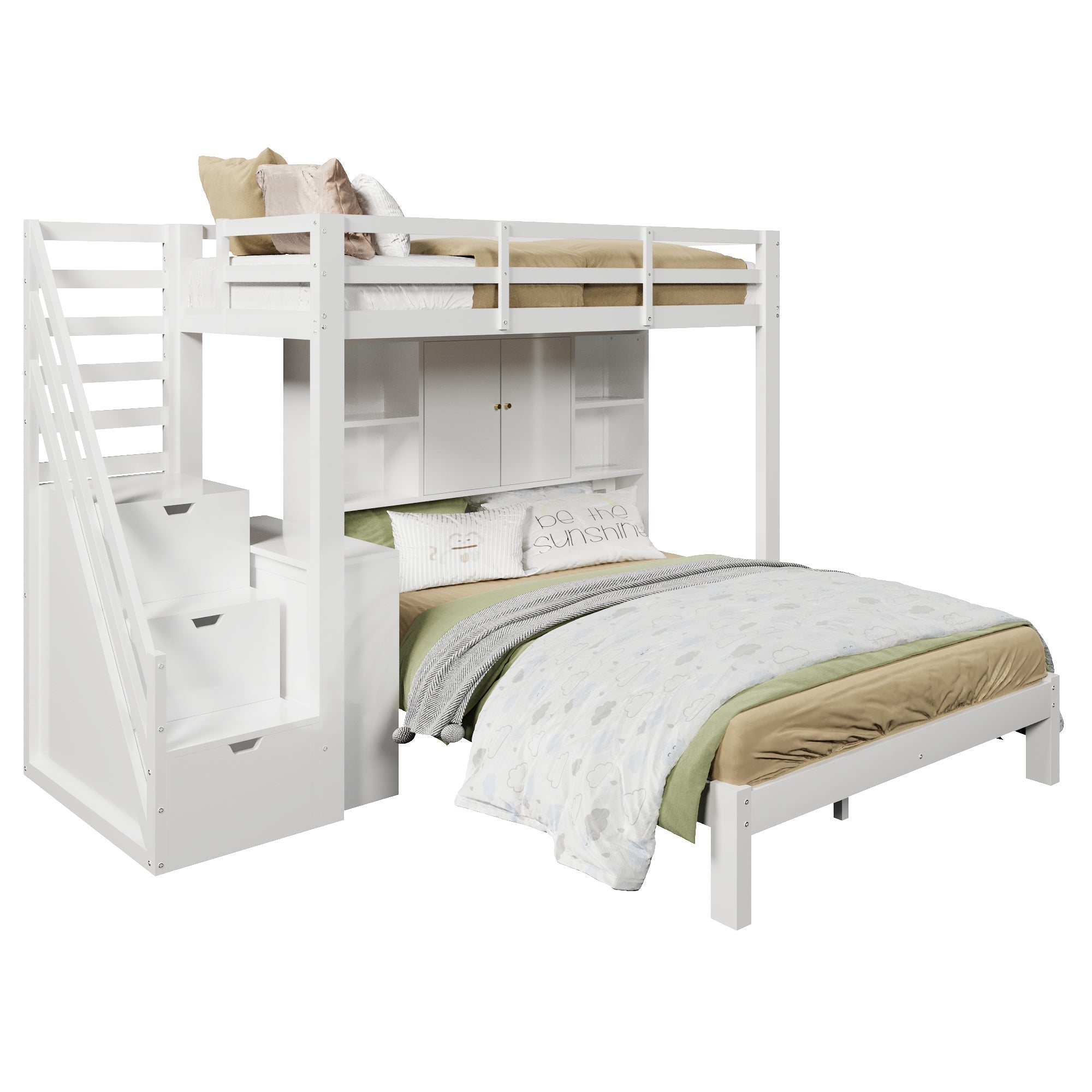 Children's Bunk Bed with Storage Stairs and Movable Side Table, 90x200cm and 140x200cm, White