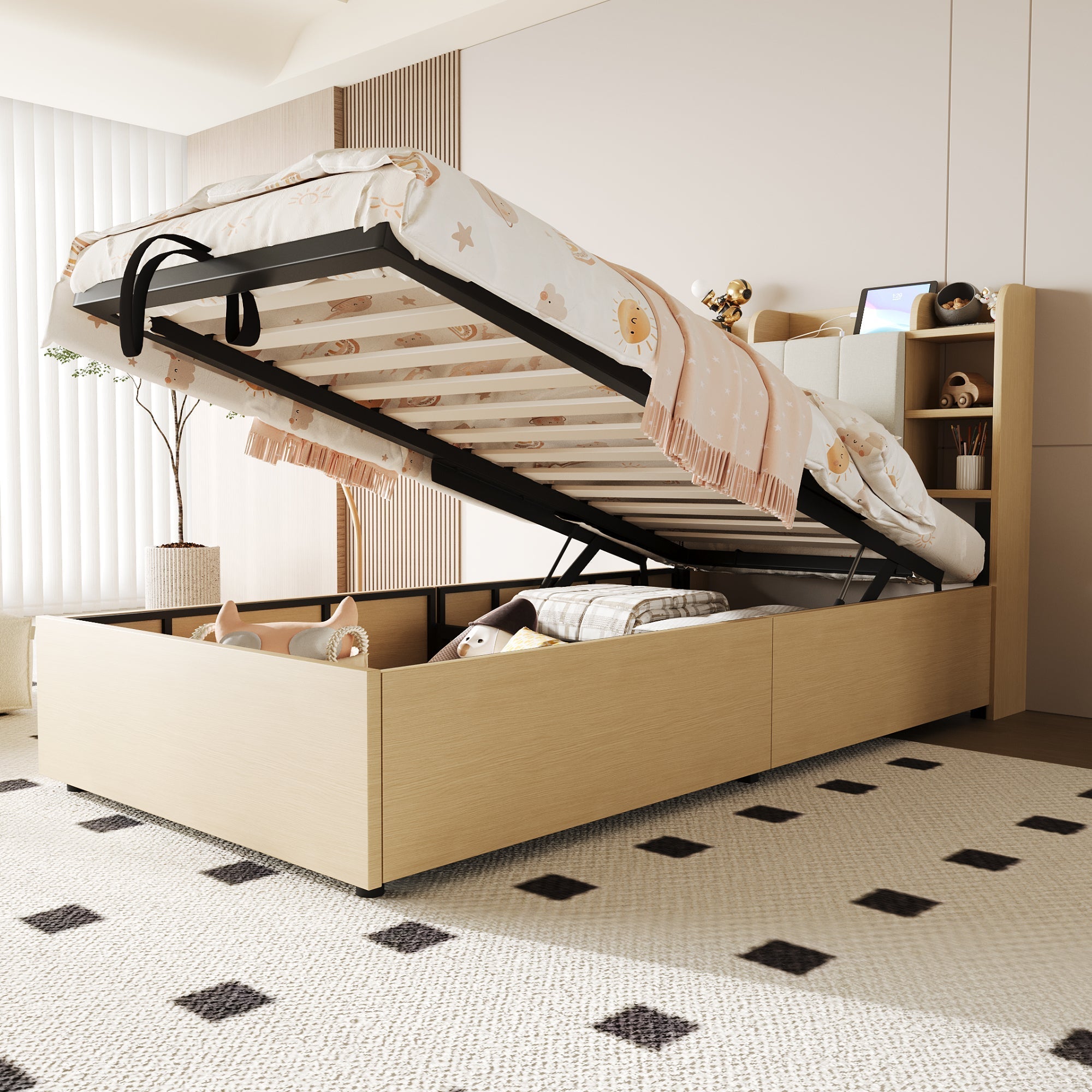 Wooden Bed, 90x200cm Hydraulic with Storage Headboard & USB/Type-C Socket, Wood Color