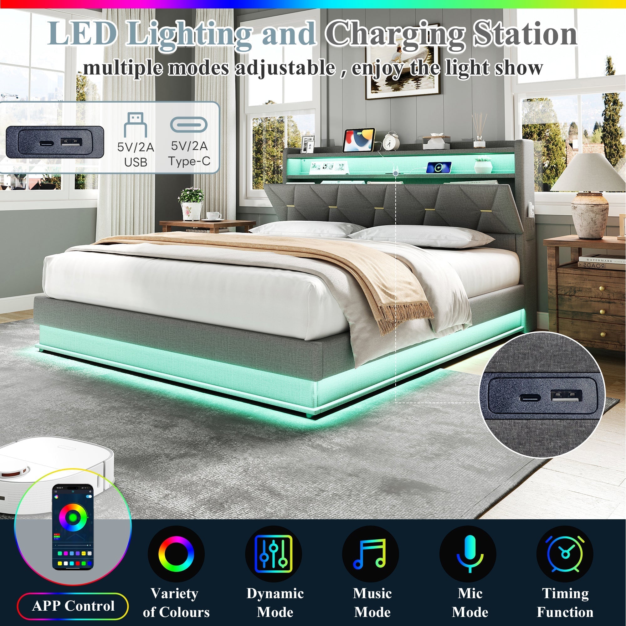 5ft King Upholstered Bed Frame with Hydraulic Storage, LED Headboard, Charging Station, USB/Type-C Ports, Linen Grey