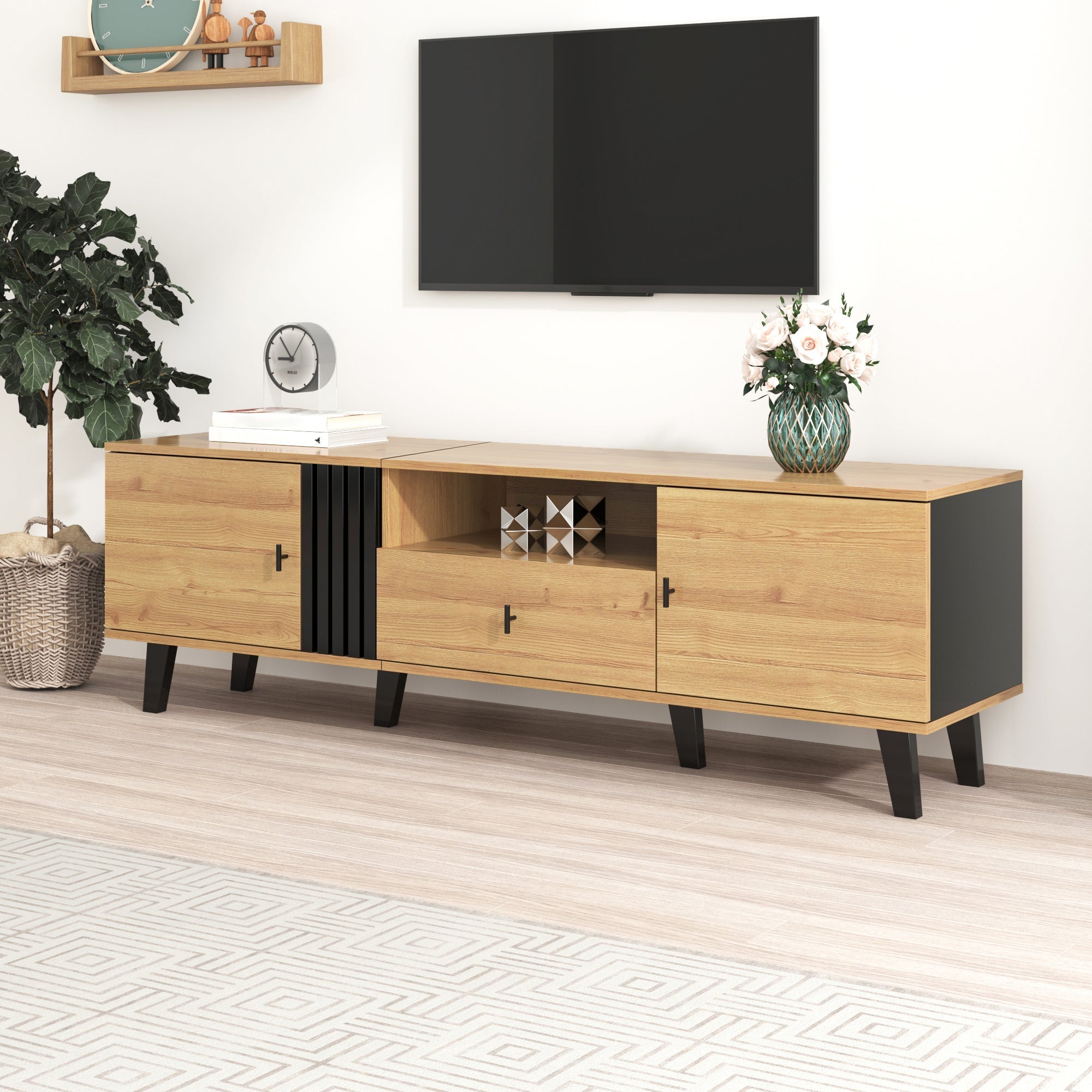 Stylish Elegance TV Cabinet, 170 cm Lowboard with Drawers, Wood and Black
