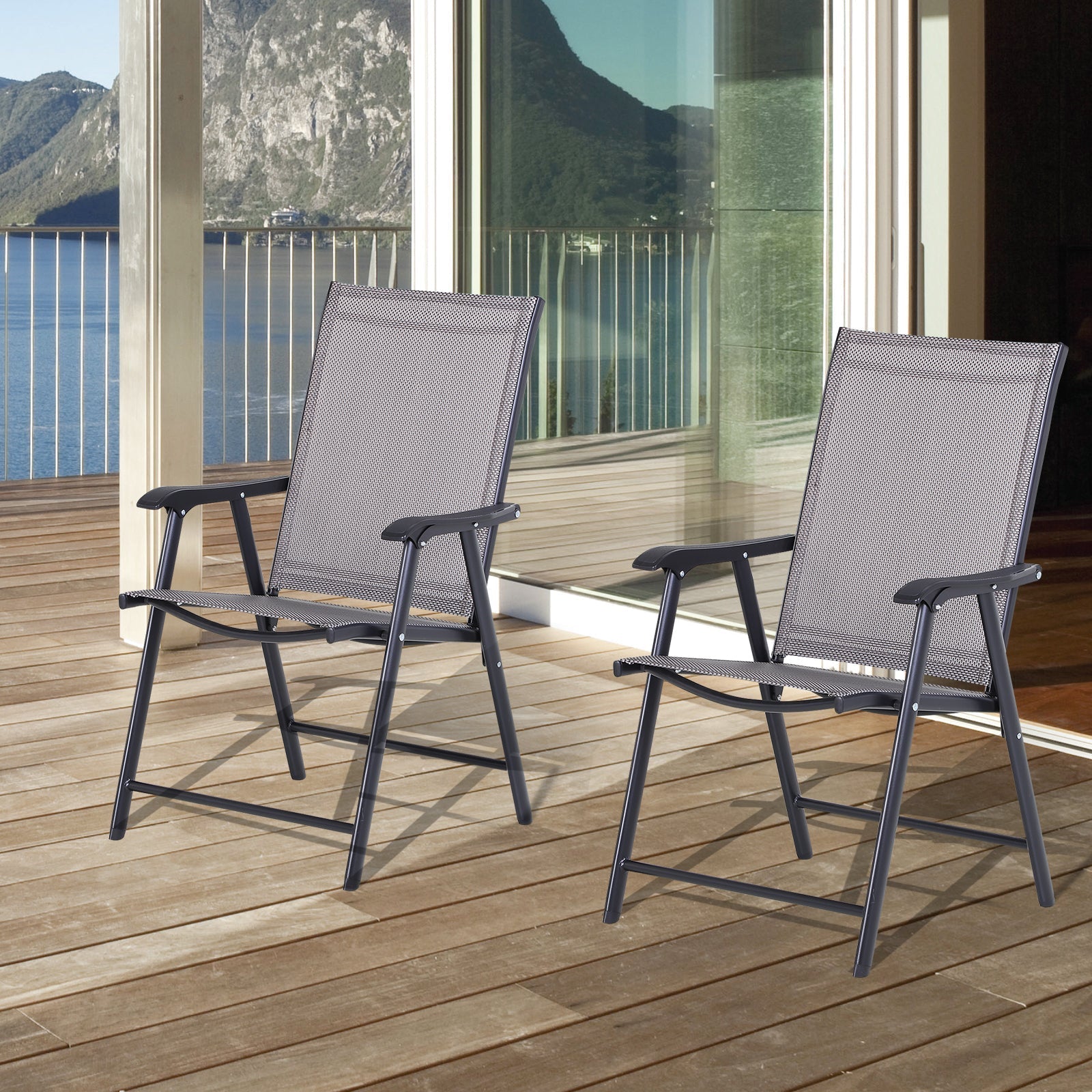 Camping Chairs, 2-Piece Folding Armrest Fishing, Metal Grey