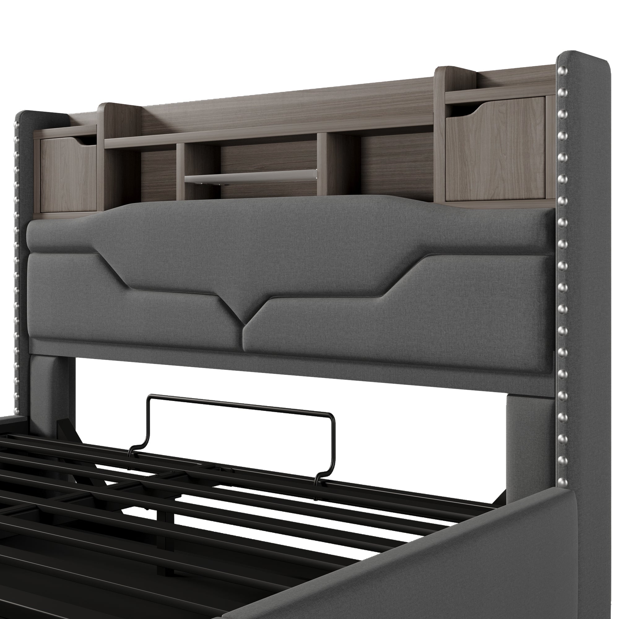 Upholstered Bed 160x200cm Hydraulic Storage LED USB-C Headboard Grey