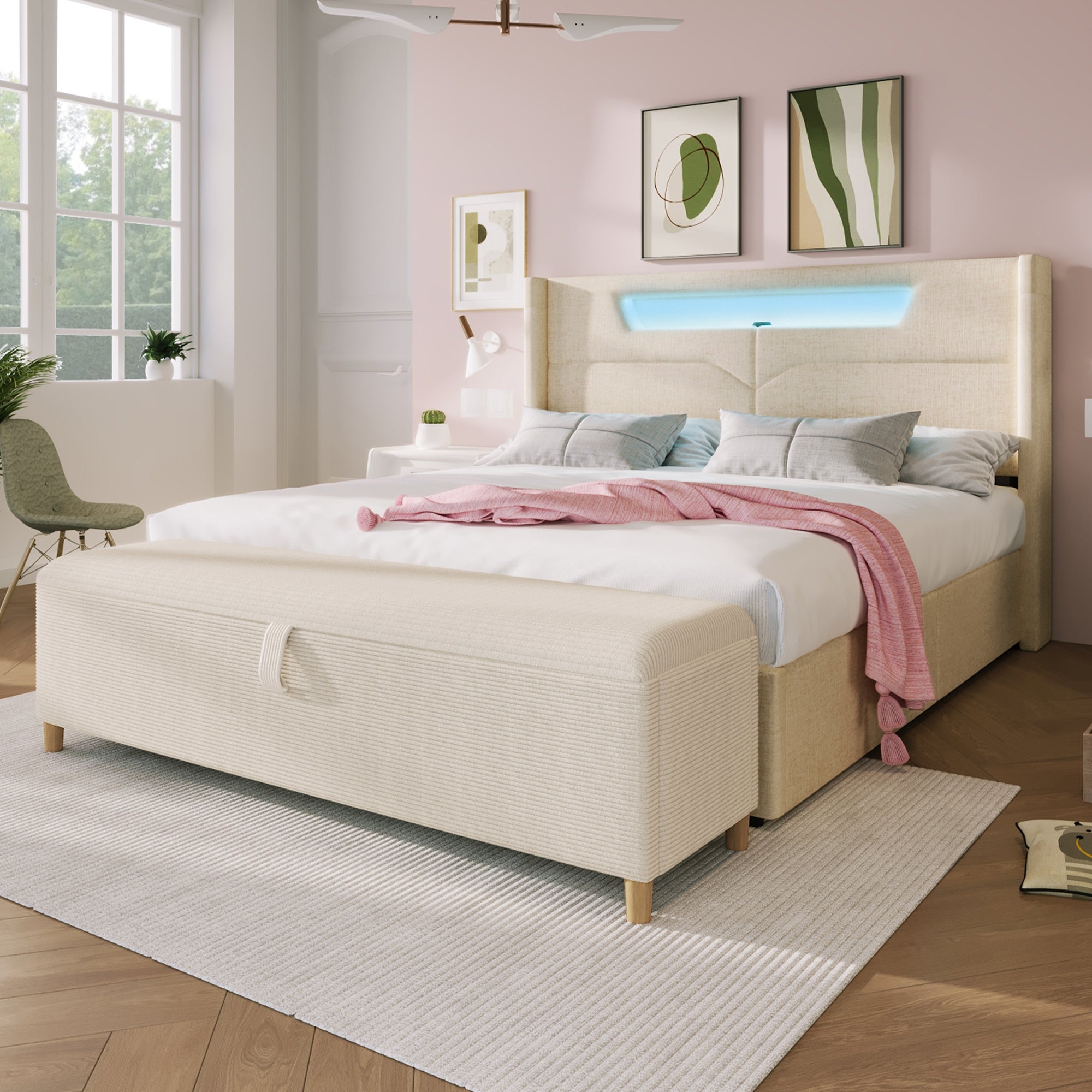 Upholstered Bed Set 140x200 LED USB-C Storage Bench, Beige Linen/Corduroy