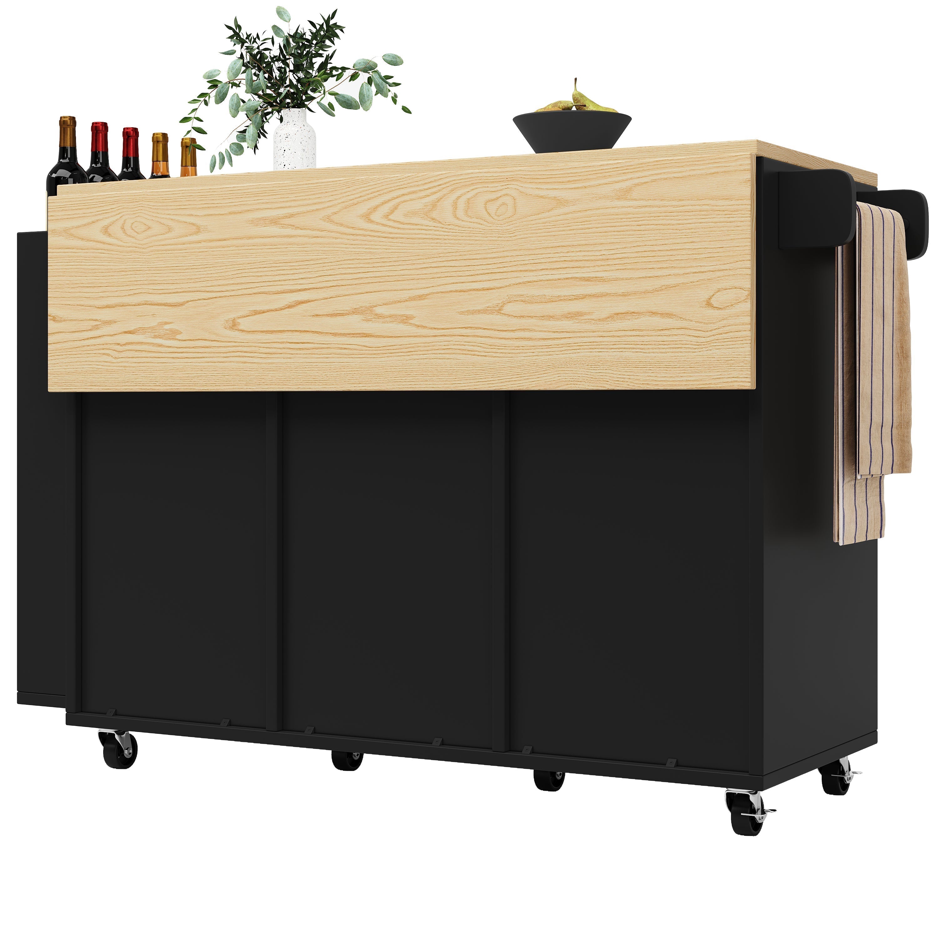 Kitchen Serving Cart Mobile Island with Worktop Sliding Doors Drawers Spice Rack Black