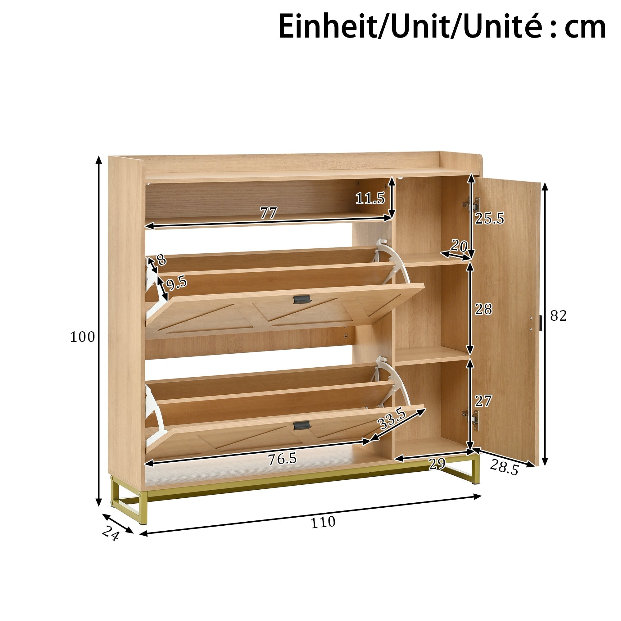 Shoe Cabinet with Double Hinged Lid, Side Cabinet and Geometric Doors, Metal Frame