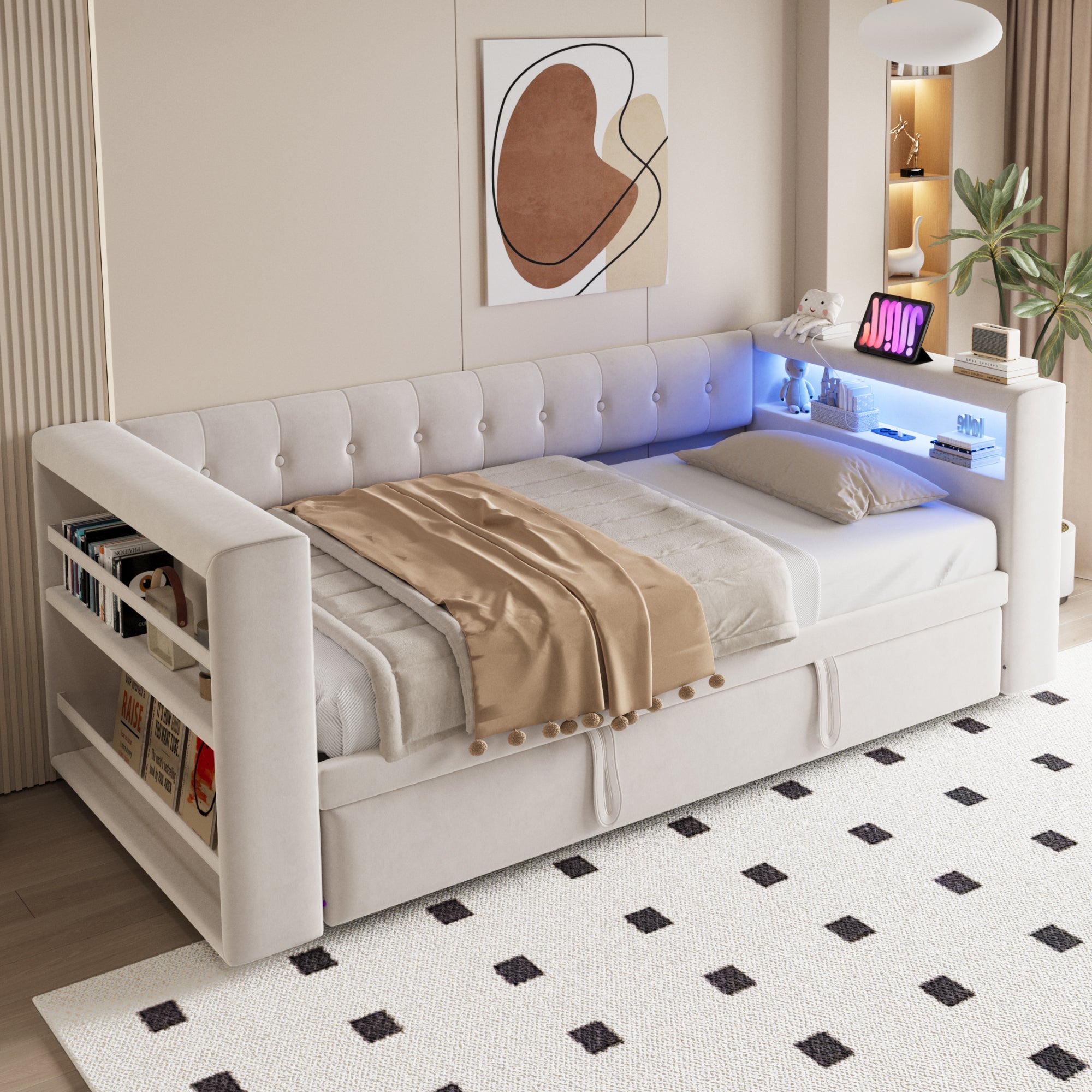 Multifunctional Upholstered Sofa Bed with LED Lighting, Power Outlets and Ample Storage, 90/180x190cm, Beige